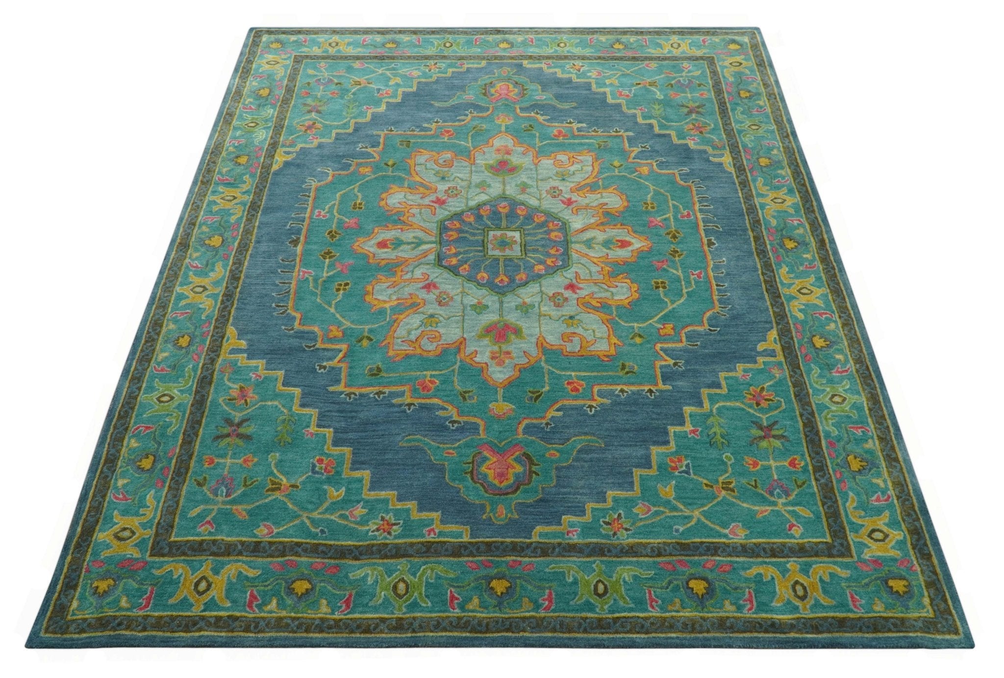 Custom Made Traditional Serapi Design Blue And Yellow Hand Tufted Wool Rug