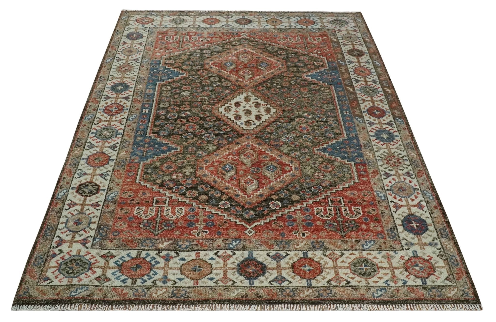 Custom made Traditional Vintage Style Green, Rust and Ivory Turkish design wool Area Rug - The Rug Decor