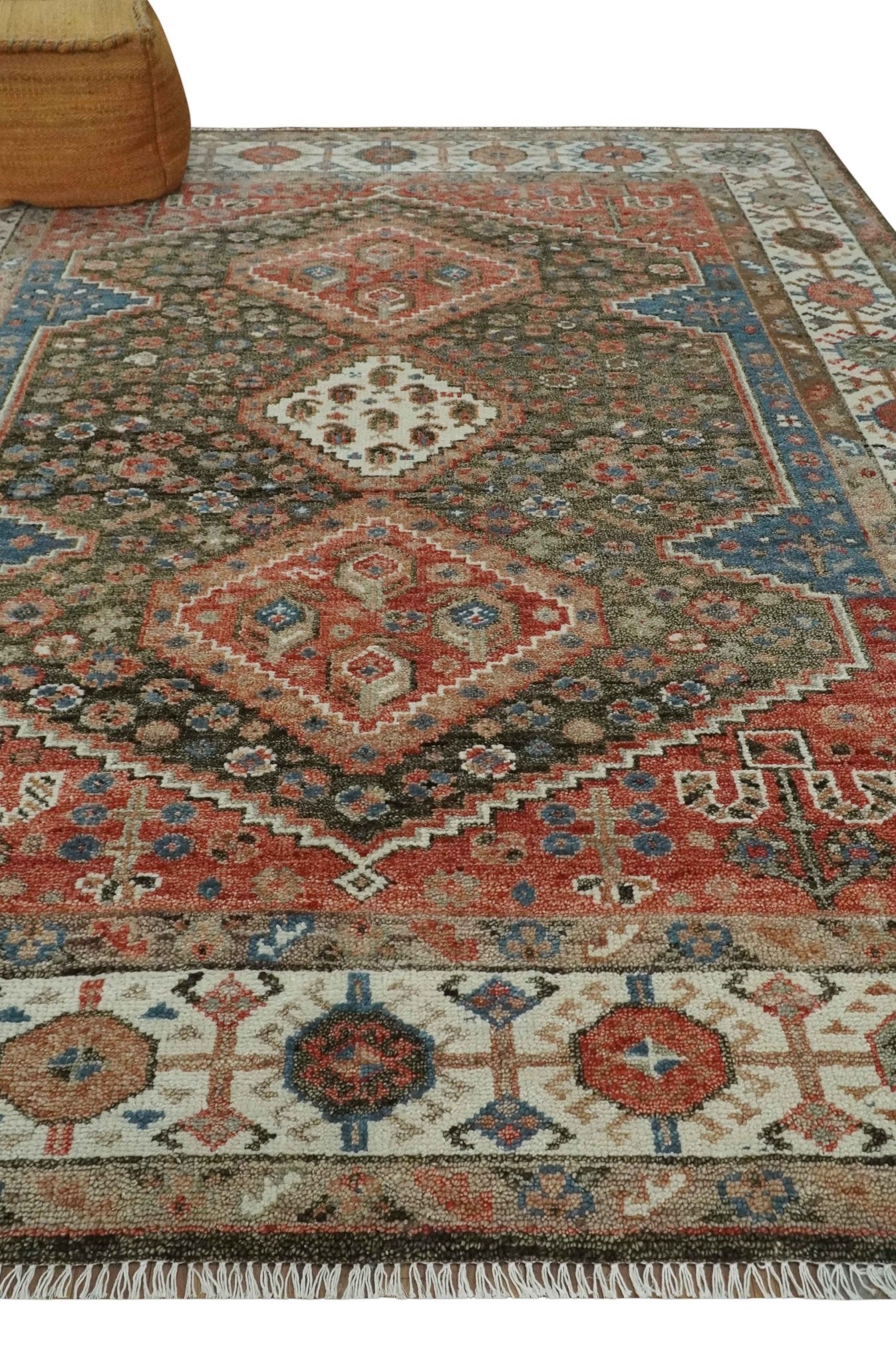 Custom made Traditional Vintage Style Green, Rust and Ivory Turkish design wool Area Rug - The Rug Decor