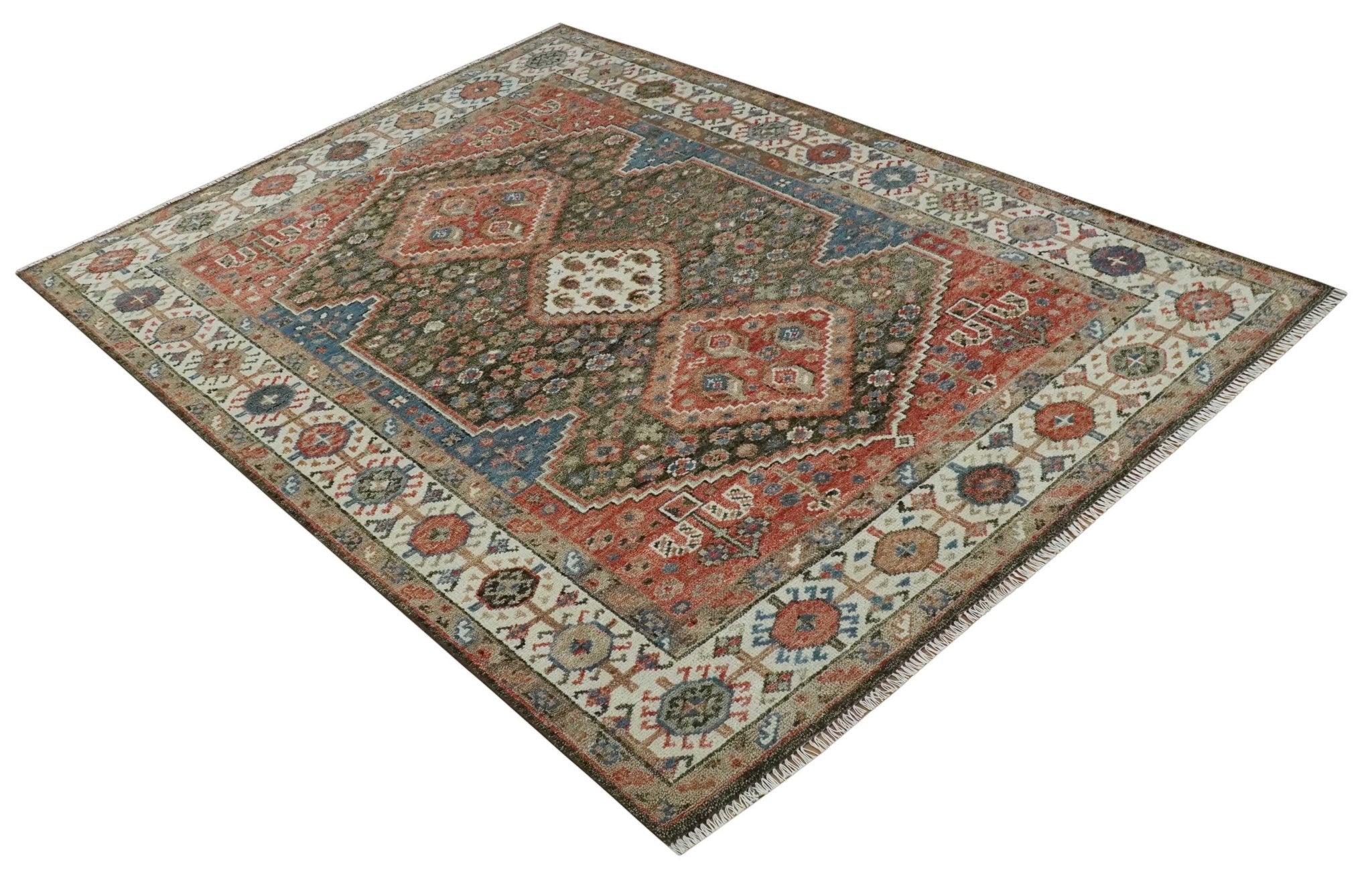 Custom made Traditional Vintage Style Green, Rust and Ivory Turkish design wool Area Rug - The Rug Decor