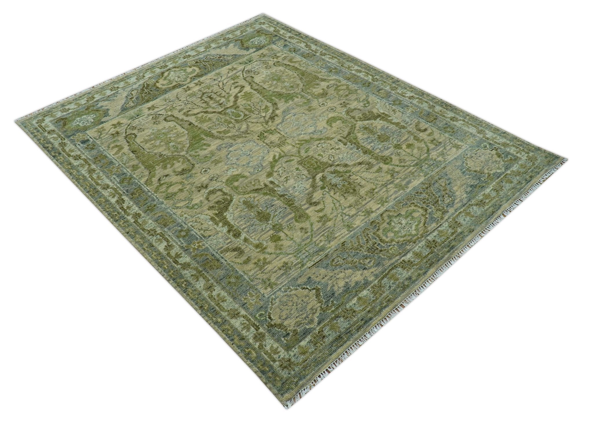 Custom Made Transitional Beige, Green and Blue Hand Knotted wool area rug - The Rug Decor