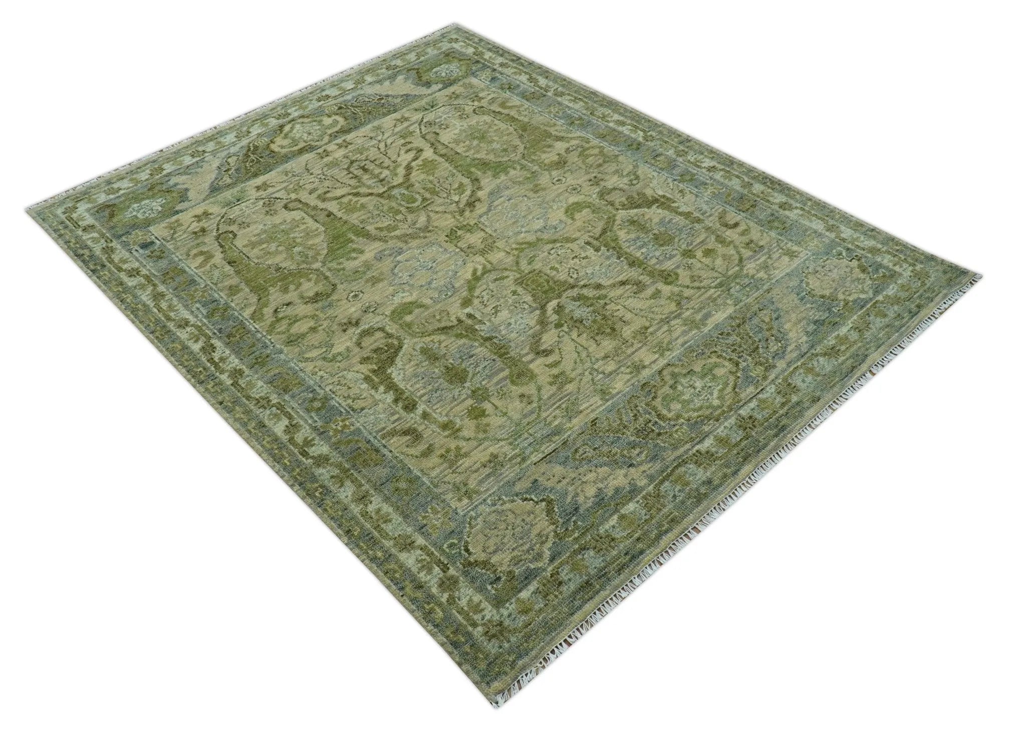 Custom Made Transitional Beige, Green and Blue Hand Knotted wool area rug - The Rug Decor