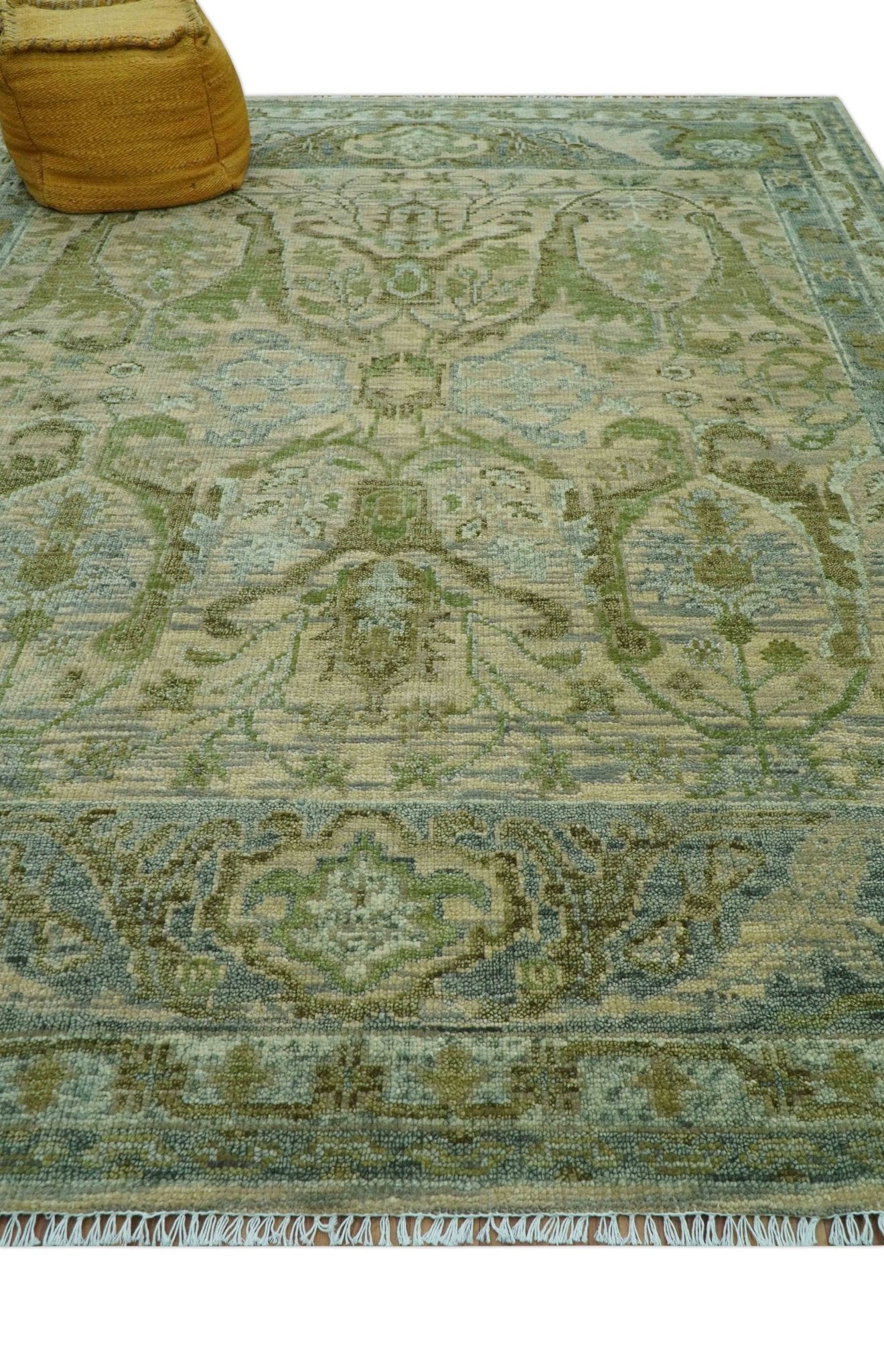 Custom Made Transitional Beige, Green and Blue Hand Knotted wool area rug - The Rug Decor