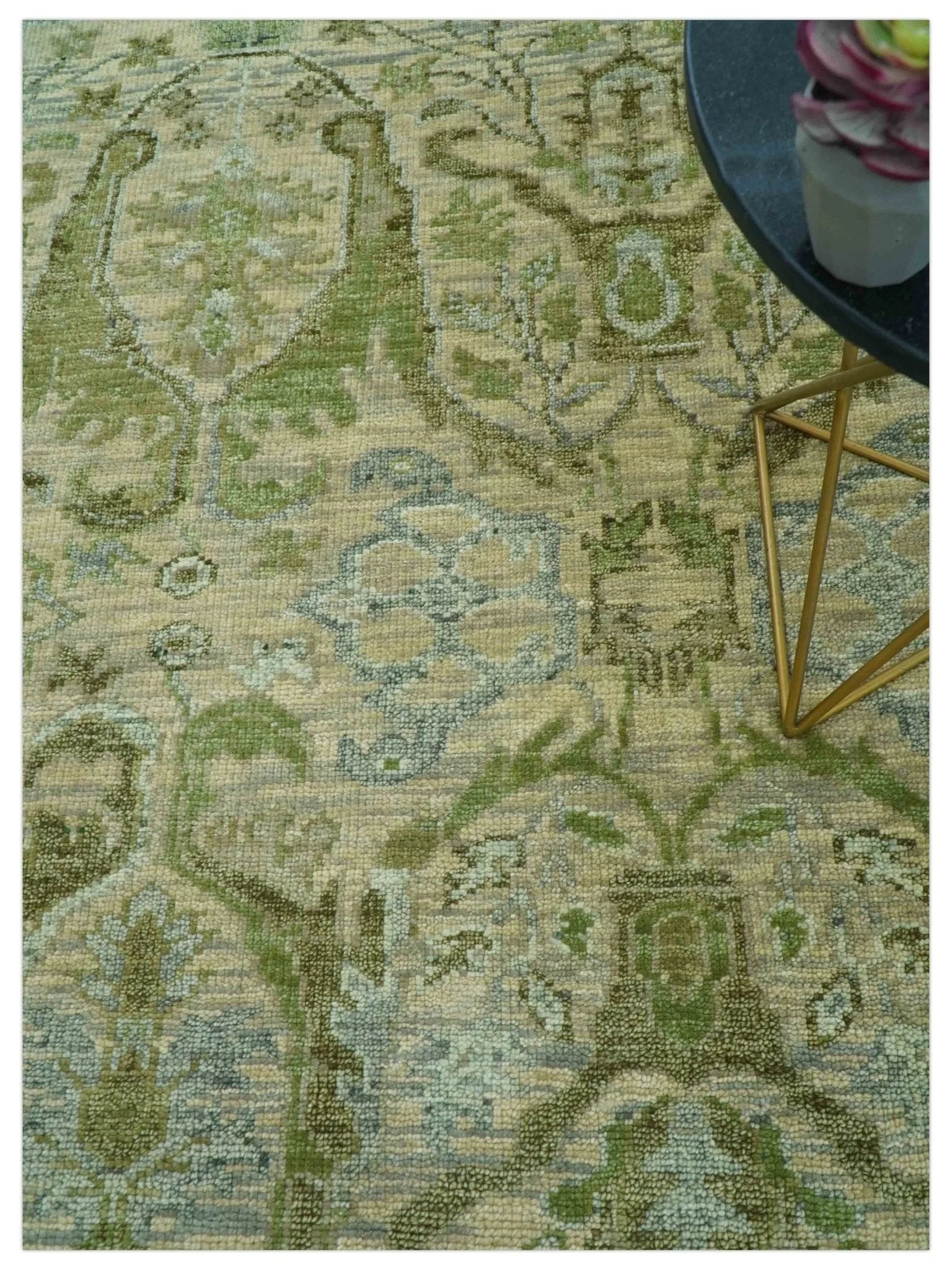 Custom Made Transitional Beige, Green and Blue Hand Knotted wool area rug - The Rug Decor