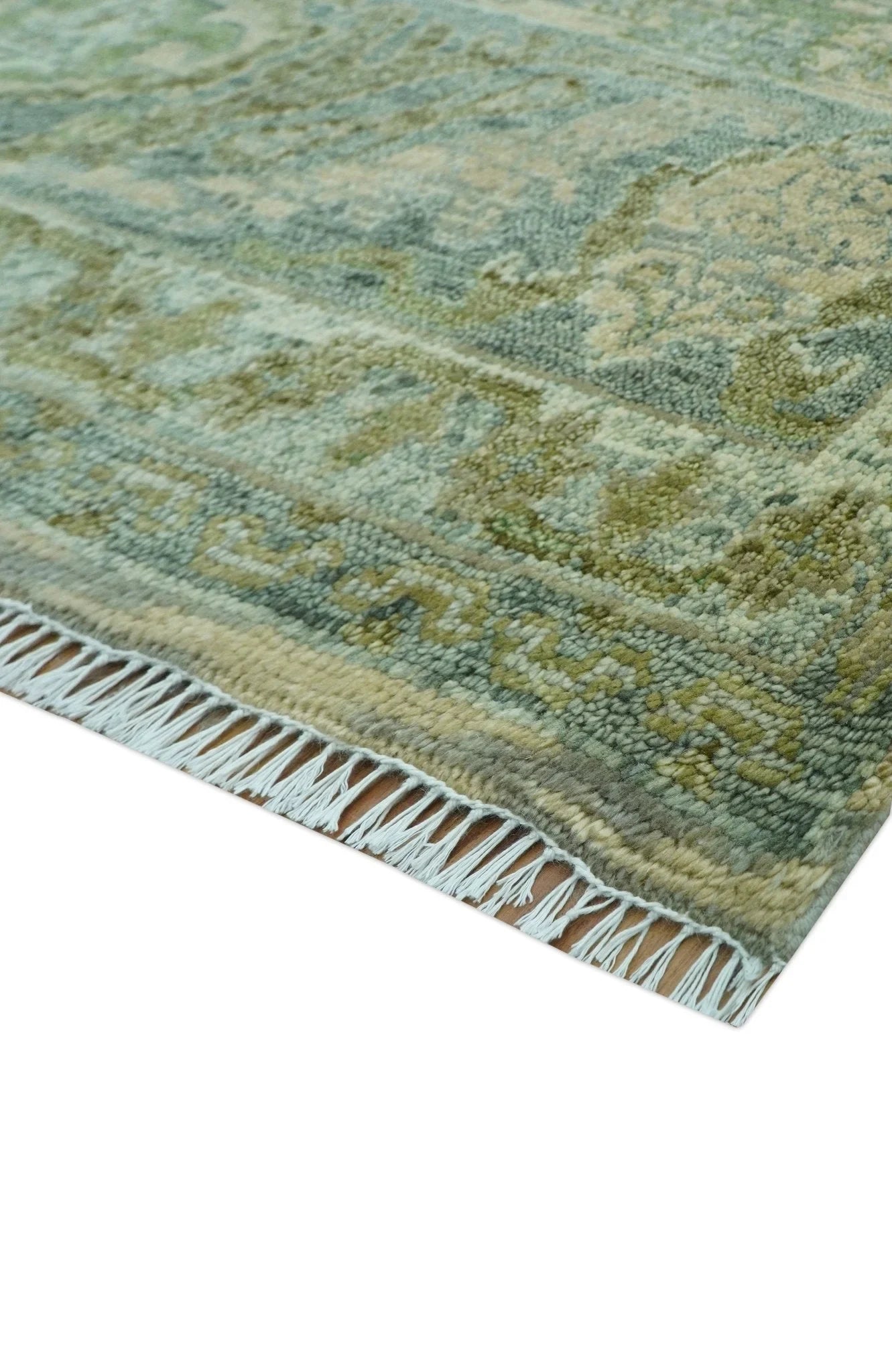 Custom Made Transitional Beige, Green and Blue Hand Knotted wool area rug - The Rug Decor