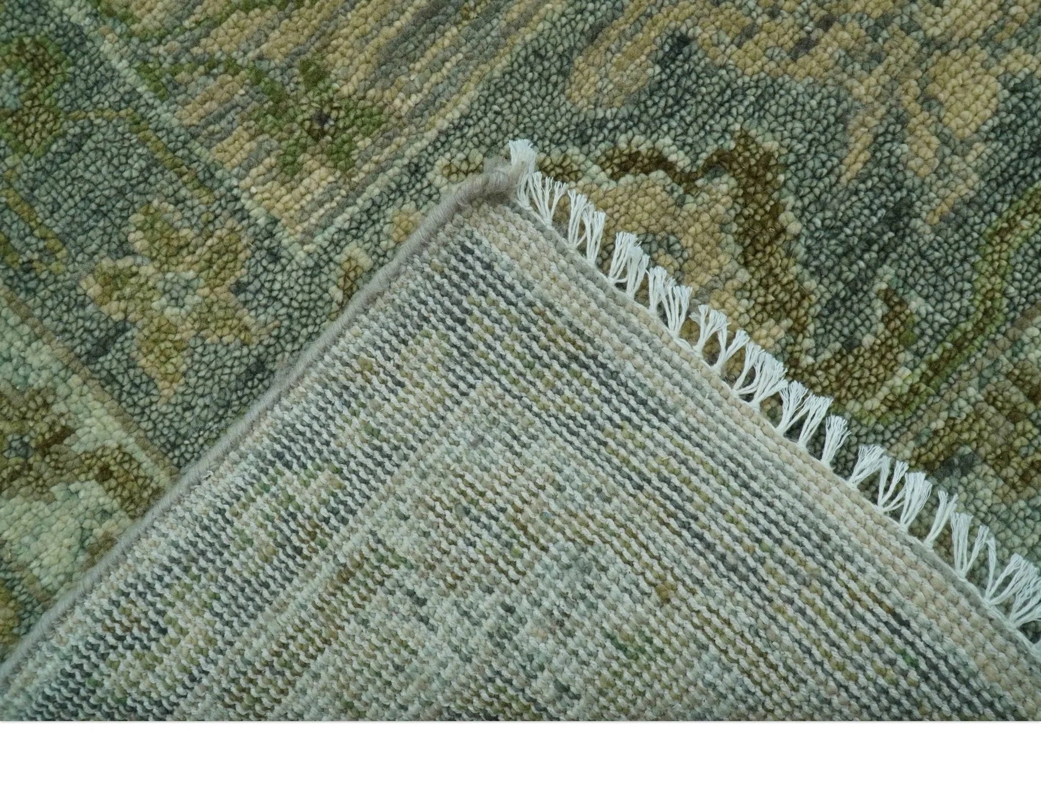 Custom Made Transitional Beige, Green and Blue Hand Knotted wool area rug - The Rug Decor