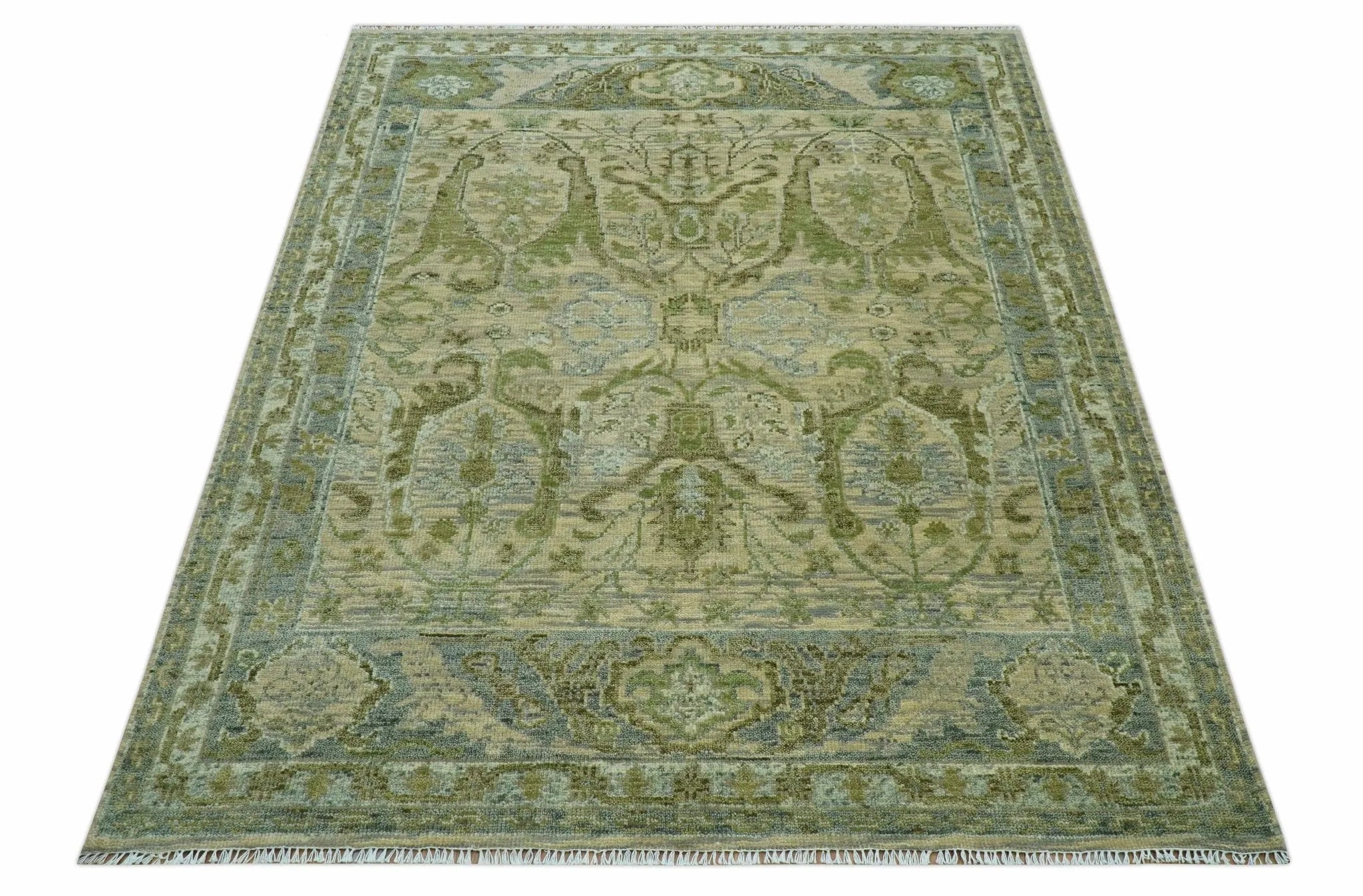 Custom Made Transitional Beige, Green and Blue Hand Knotted wool area rug - The Rug Decor