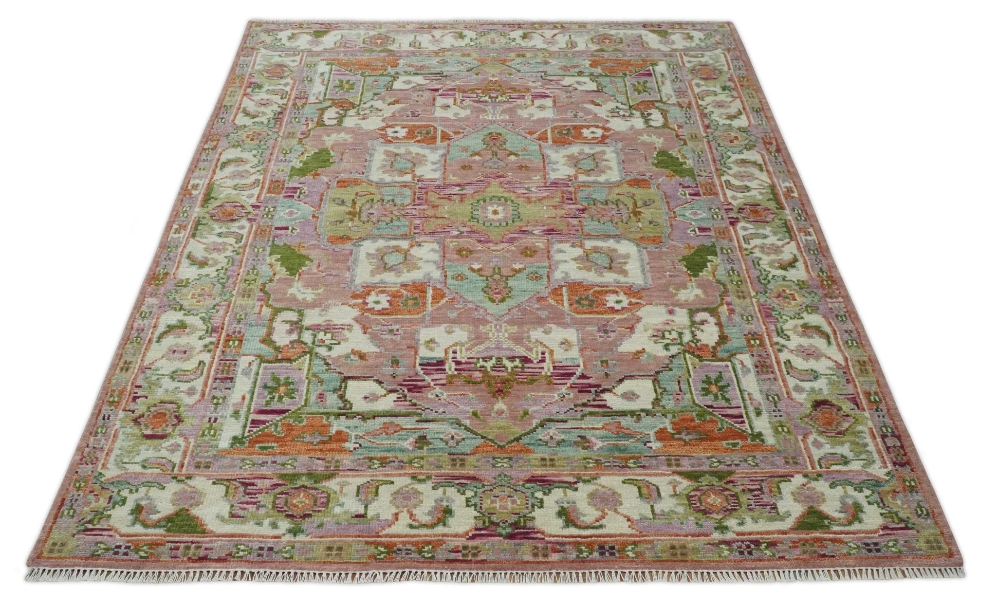 Custom Made Transitional Pink, Green and Ivory Turkish Design wool Area Rug