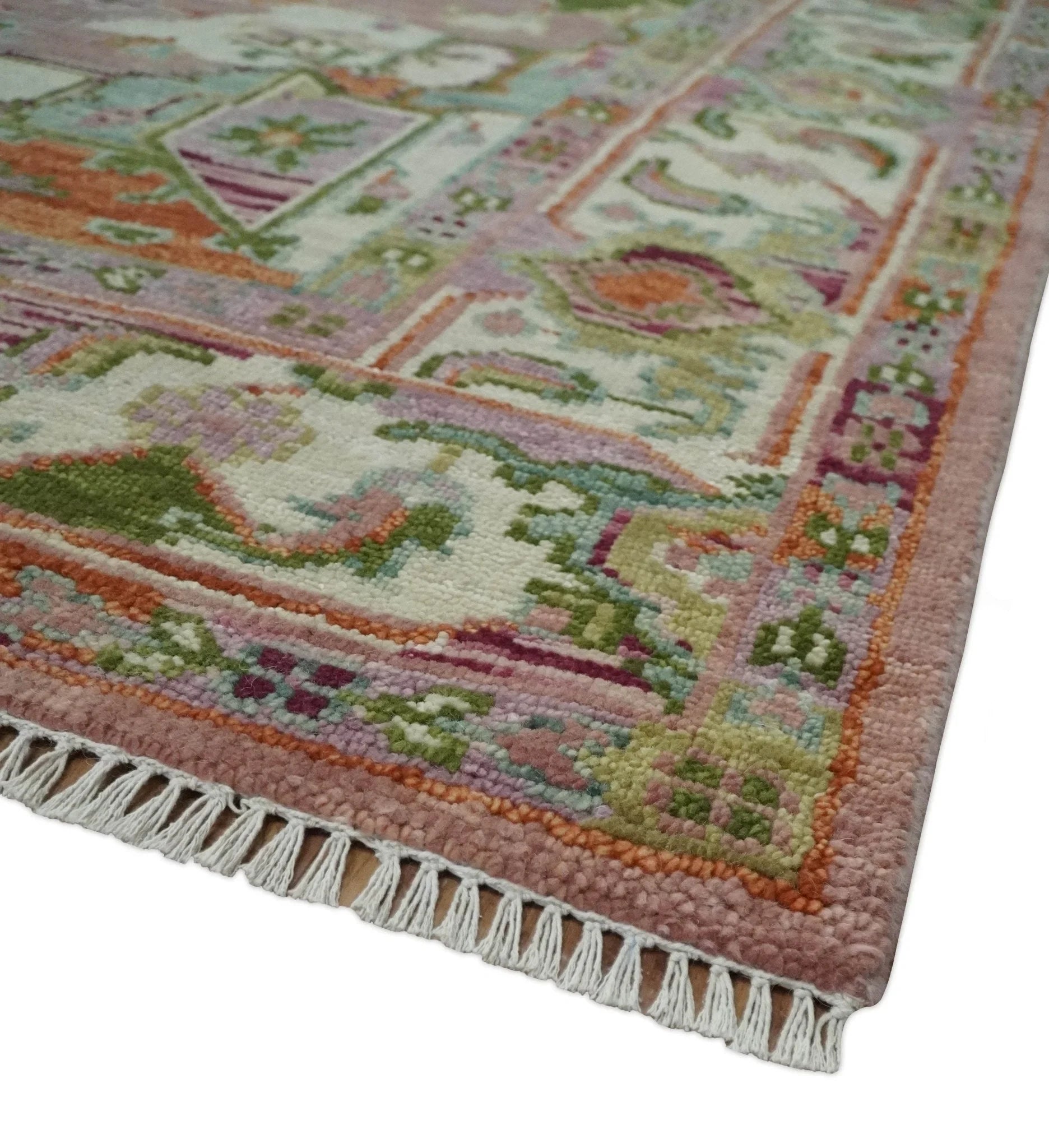 Custom Made Transitional Pink, Green and Ivory Turkish Design wool Area Rug - The Rug Decor