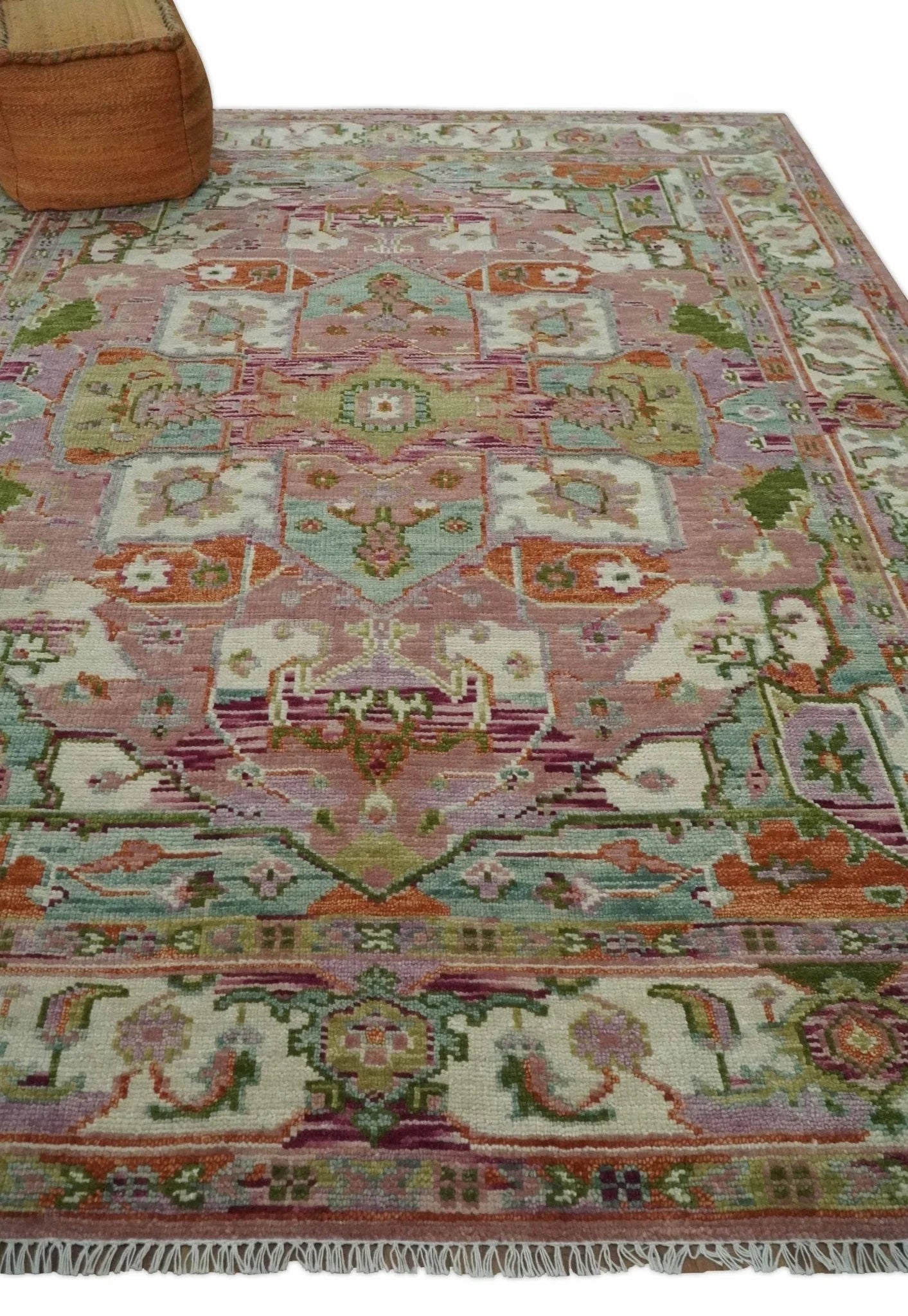 Custom Made Transitional Pink, Green and Ivory Turkish Design wool Area Rug - The Rug Decor