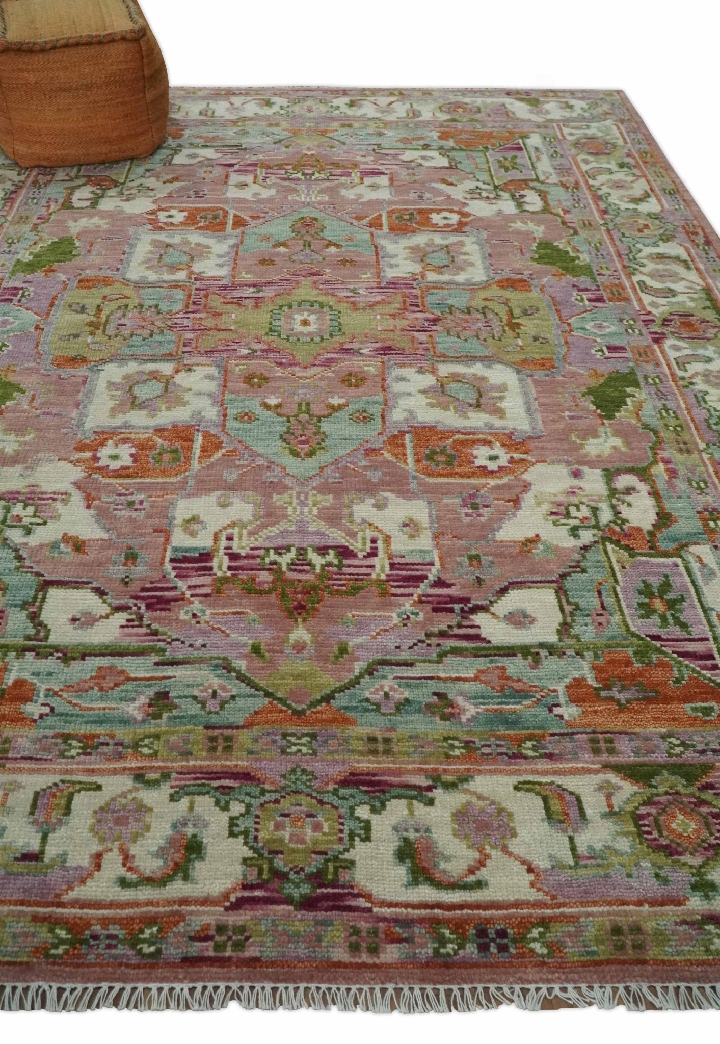 Custom Made Transitional Pink, Green and Ivory Turkish Design wool Area Rug