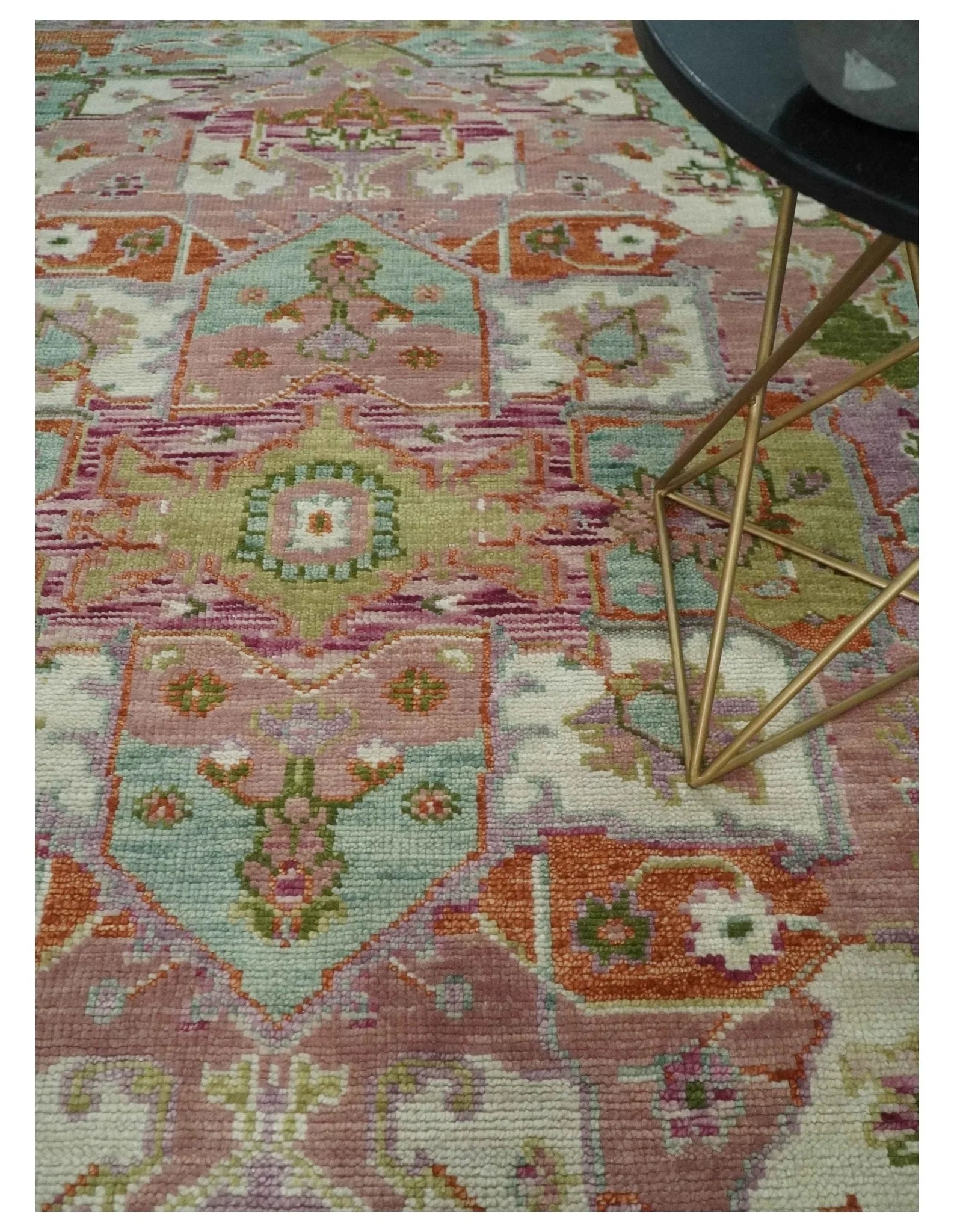 Custom Made Transitional Pink, Green and Ivory Turkish Design wool Area Rug - The Rug Decor