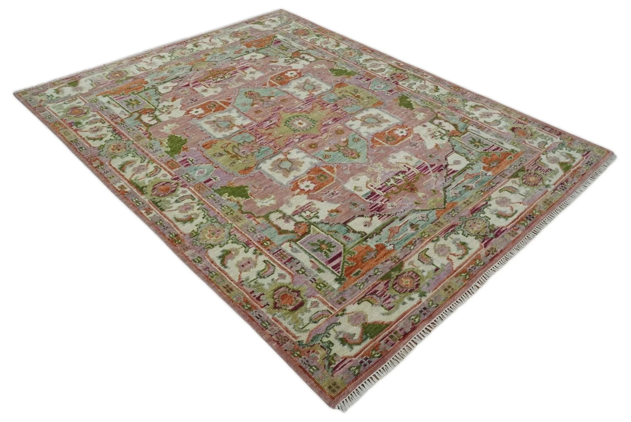 Custom Made Transitional Pink, Green and Ivory Turkish Design wool Area Rug - The Rug Decor