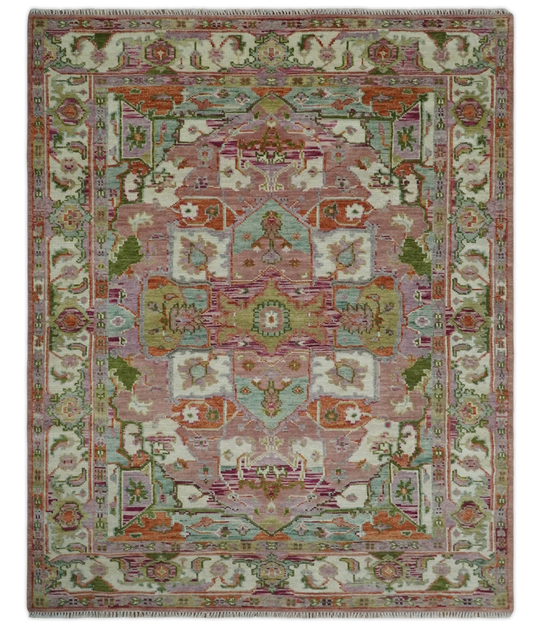 Custom Made Transitional Pink, Green and Ivory Turkish Design wool Area Rug