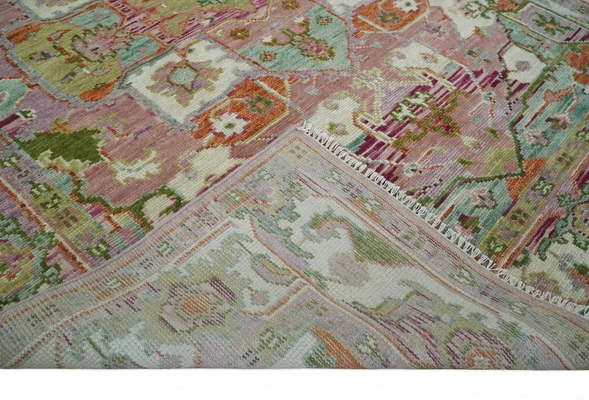 Custom Made Transitional Pink, Green and Ivory Turkish Design wool Area Rug - The Rug Decor