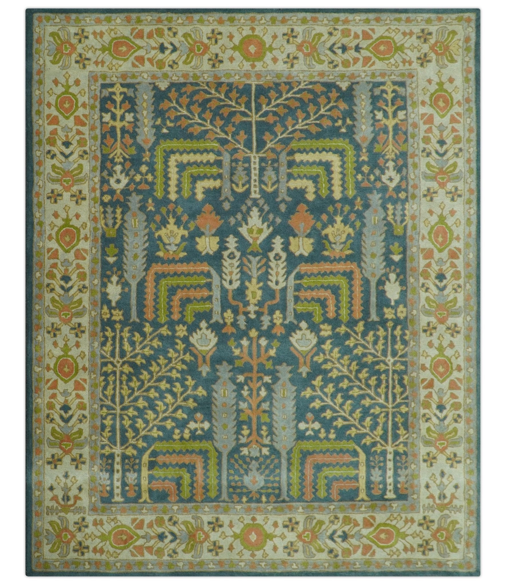 Custom Made Tree of Life Beige And Teal Floral Design Hand Tufted Wool Area Rug