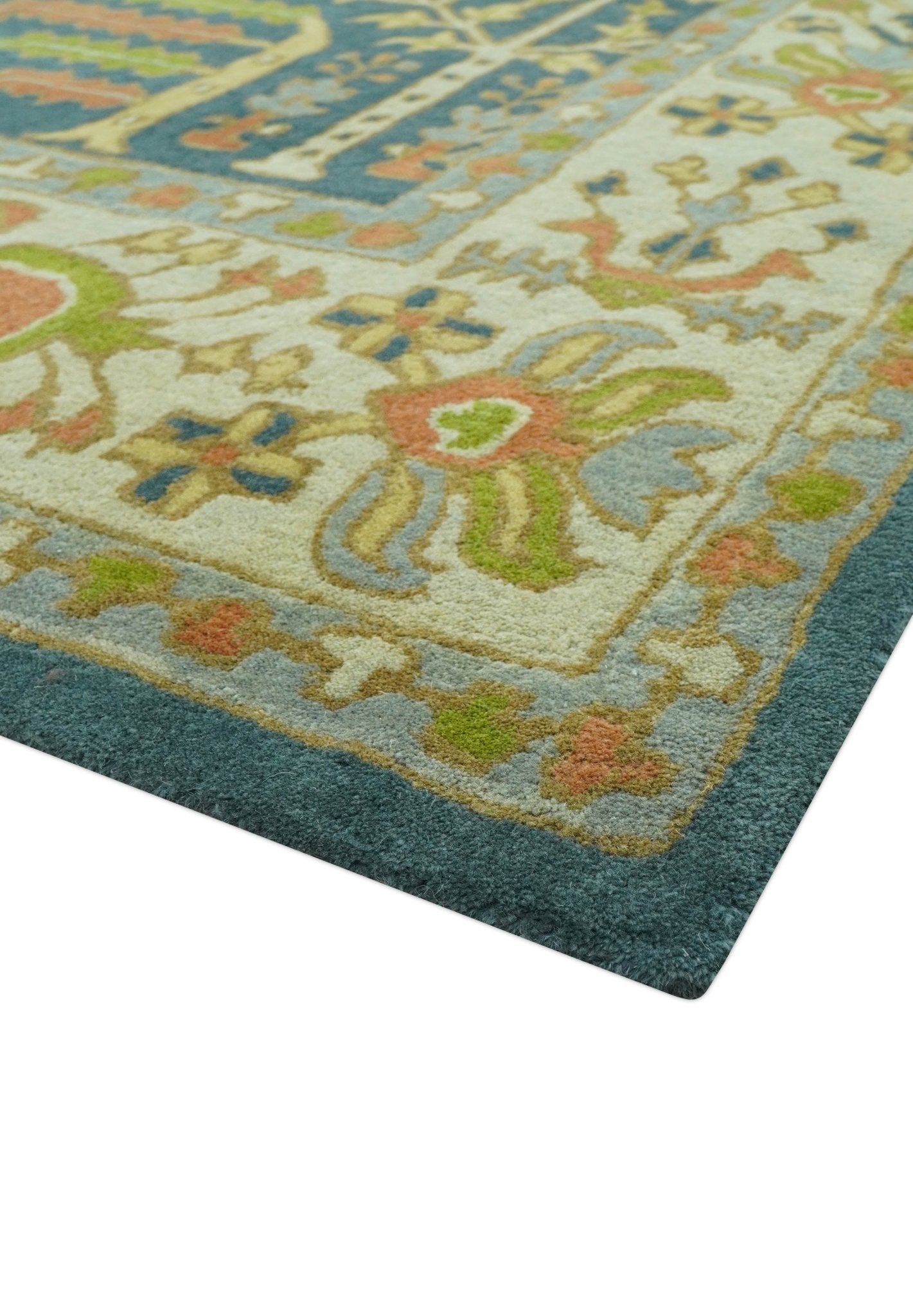 Custom Made Tree of Life Beige And Teal Floral Design Hand Tufted Wool Area Rug