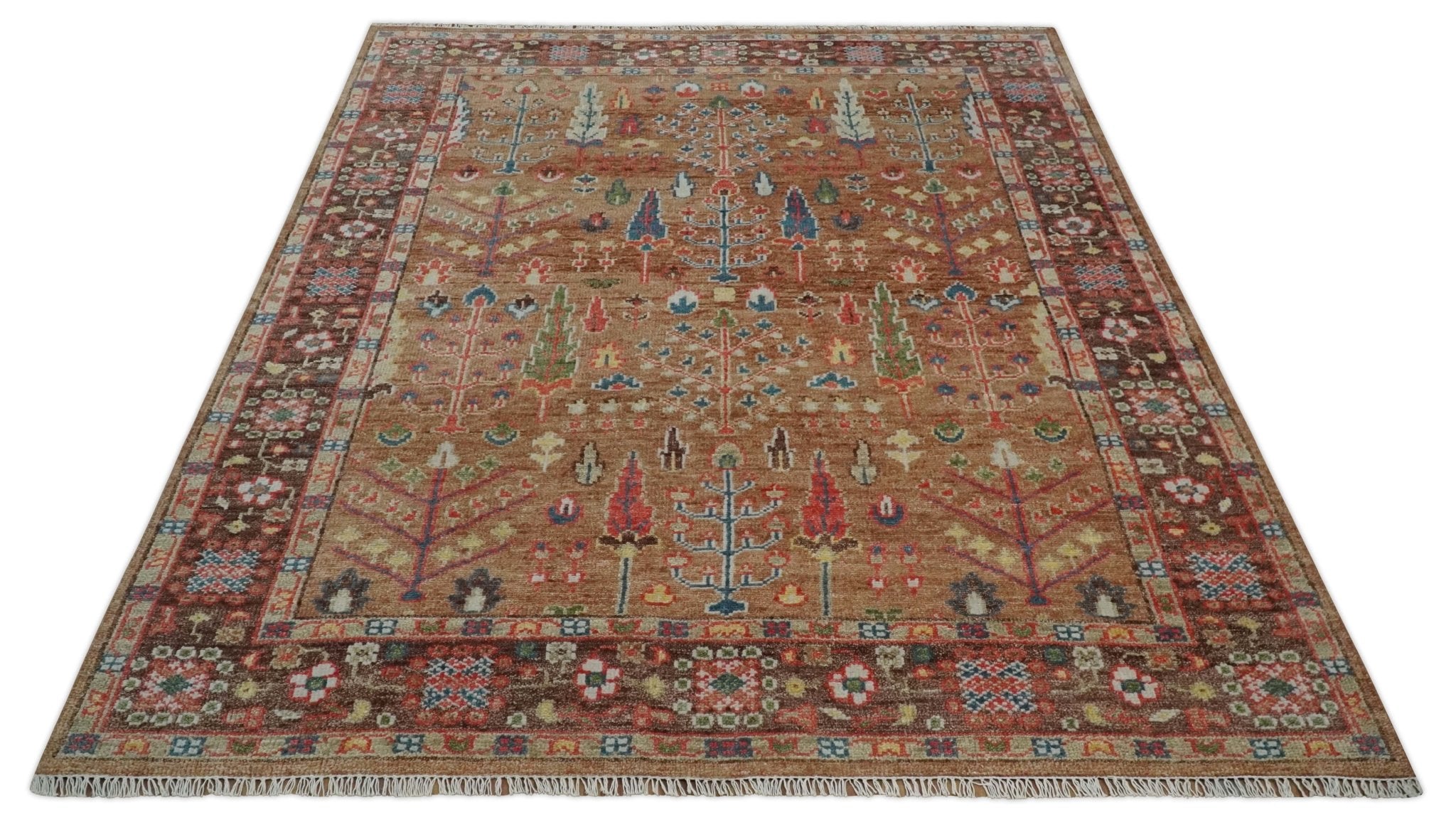 Custom made Tree of Life Brown and Rust Hand Knotted Traditional Oushak Wool Rug - The Rug Decor