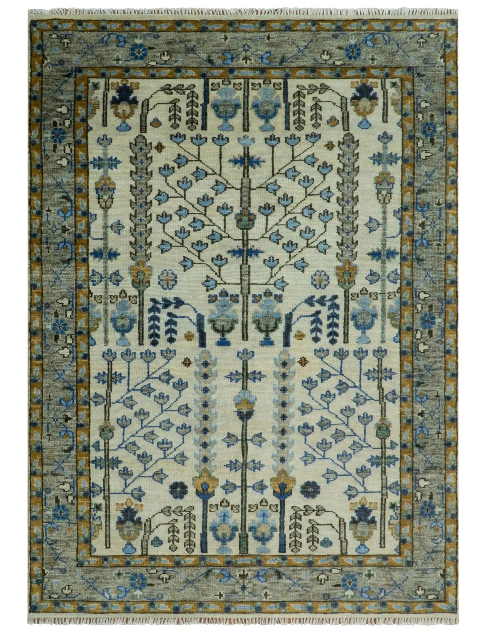 Custom Made Tree of life Hand Knotted Antique Ivory, Blue and Gray Traditional Oushak Wool area Rug - The Rug Decor