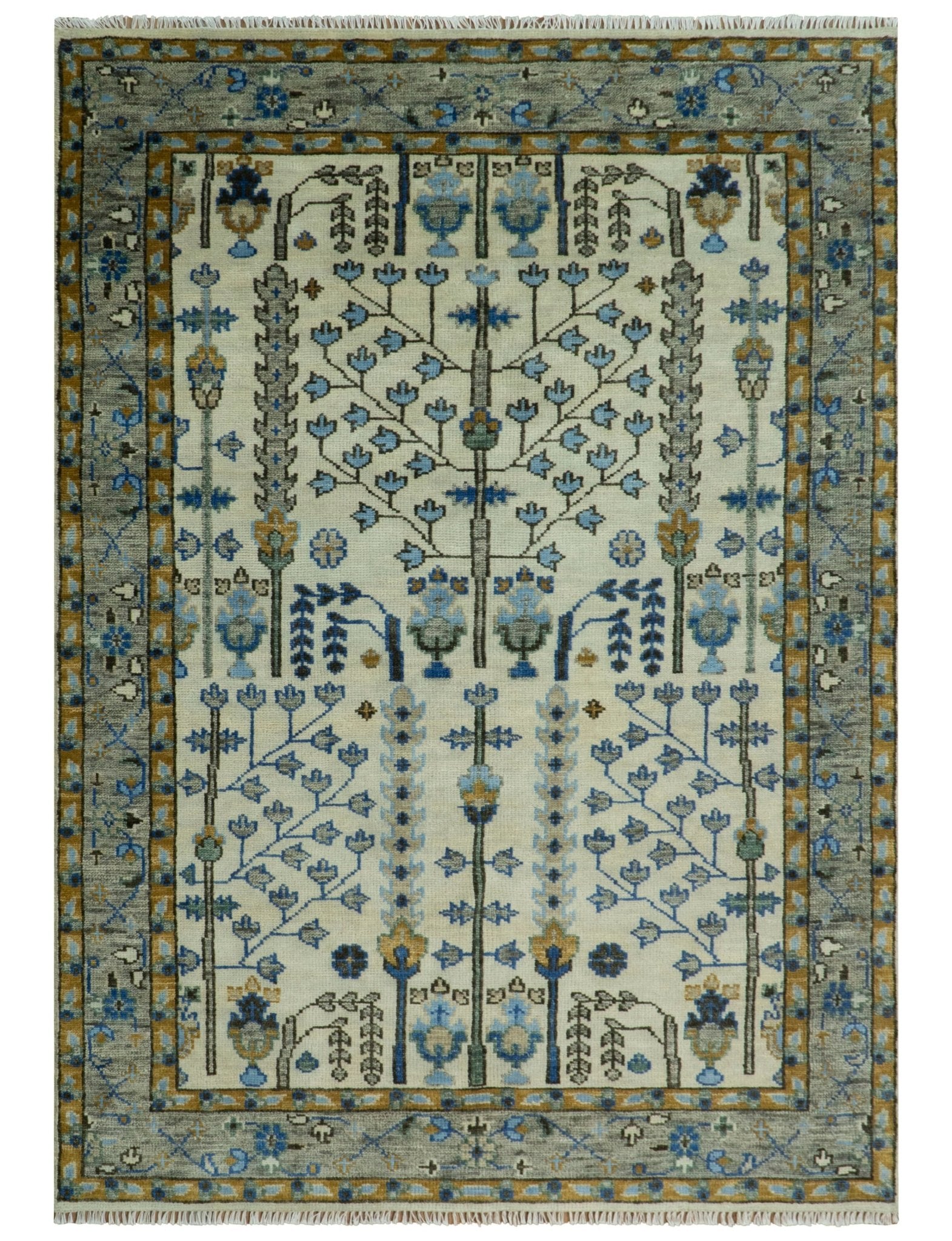 Custom Made Tree of life Hand Knotted Antique Ivory, Blue and Gray Wool area Rug