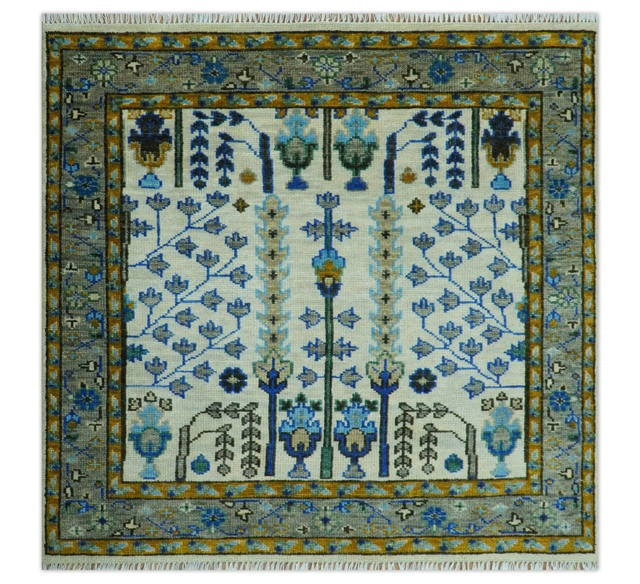 Custom Made Tree of life Hand Knotted Antique Ivory, Blue and Gray Traditional Oushak Wool area Rug - The Rug Decor