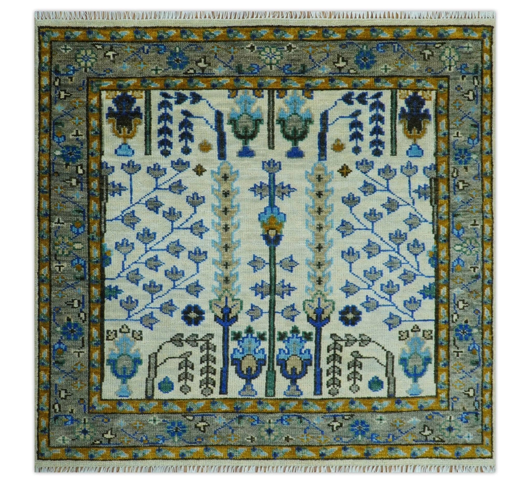 Custom Made Tree of life Hand Knotted Antique Ivory, Blue and Gray Wool area Rug