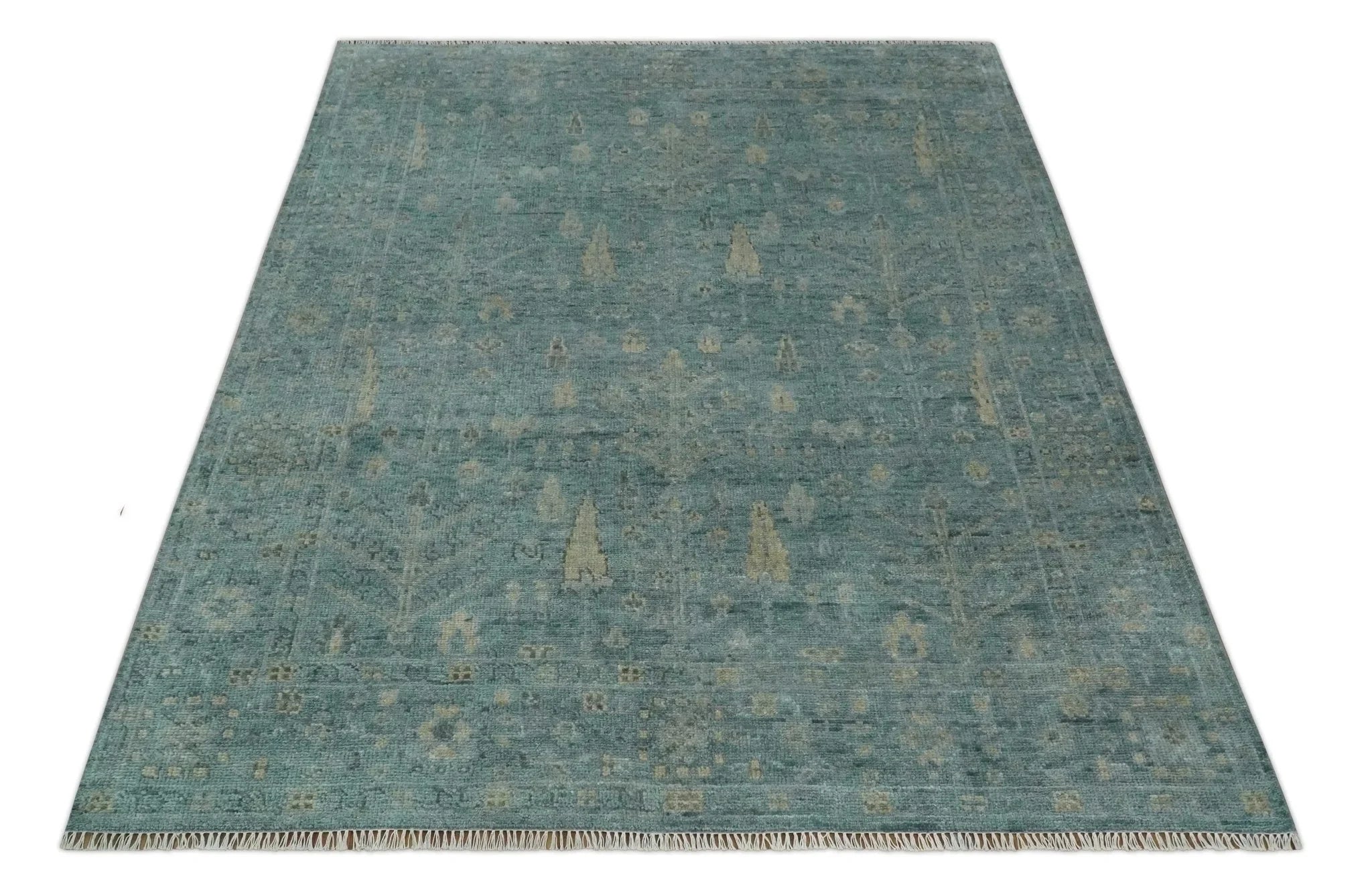 Custom Made Tree of Life Hand Knotted Teal and Beige Traditional Oushak Wool Area Rug - The Rug Decor