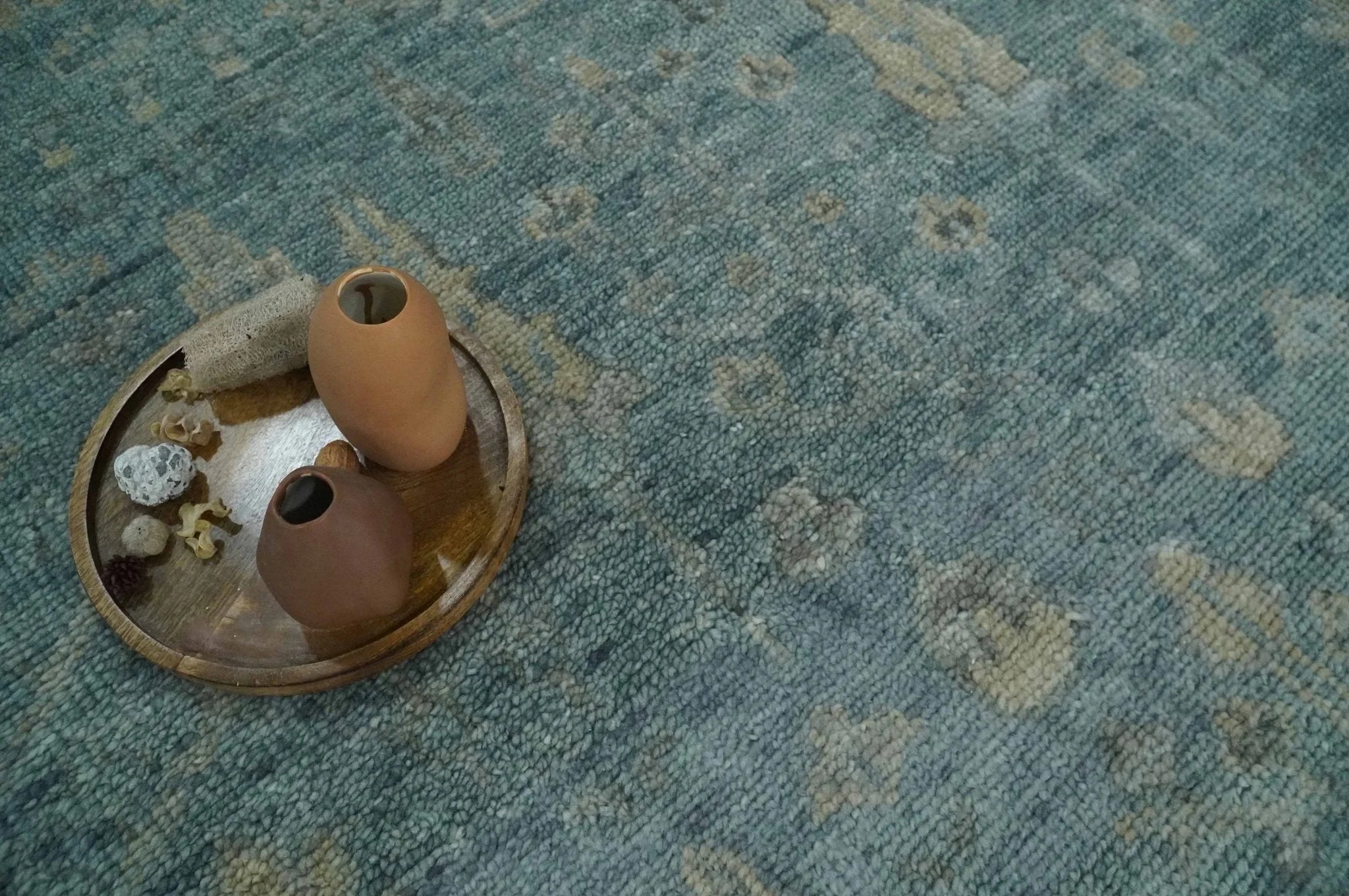 Custom Made Tree of Life Hand Knotted Teal and Beige Traditional Oushak Wool Area Rug - The Rug Decor