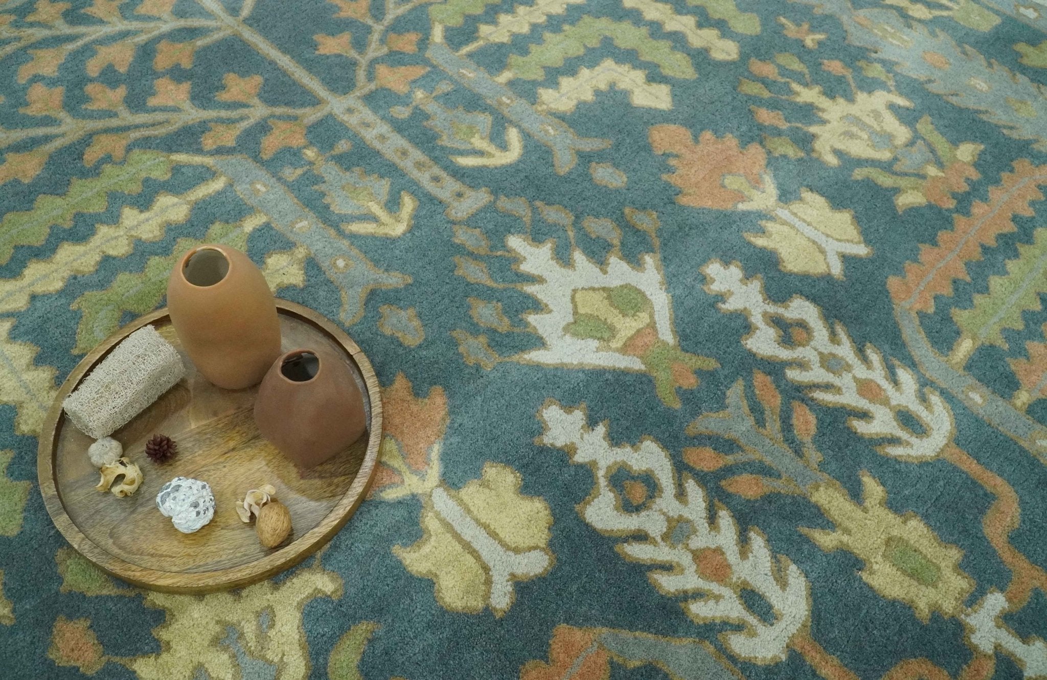 Custom Made Tree of life Traditional Teal, Silver, Green and Dark Peach wool Rug - The Rug Decor