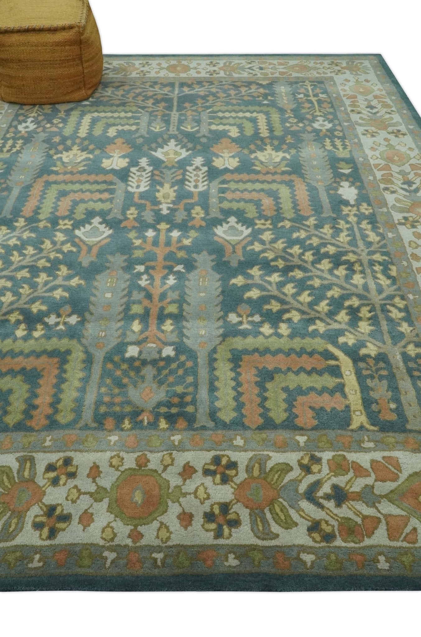 Custom Made Tree of life Traditional Teal, Silver, Green and Dark Peach wool Rug - The Rug Decor