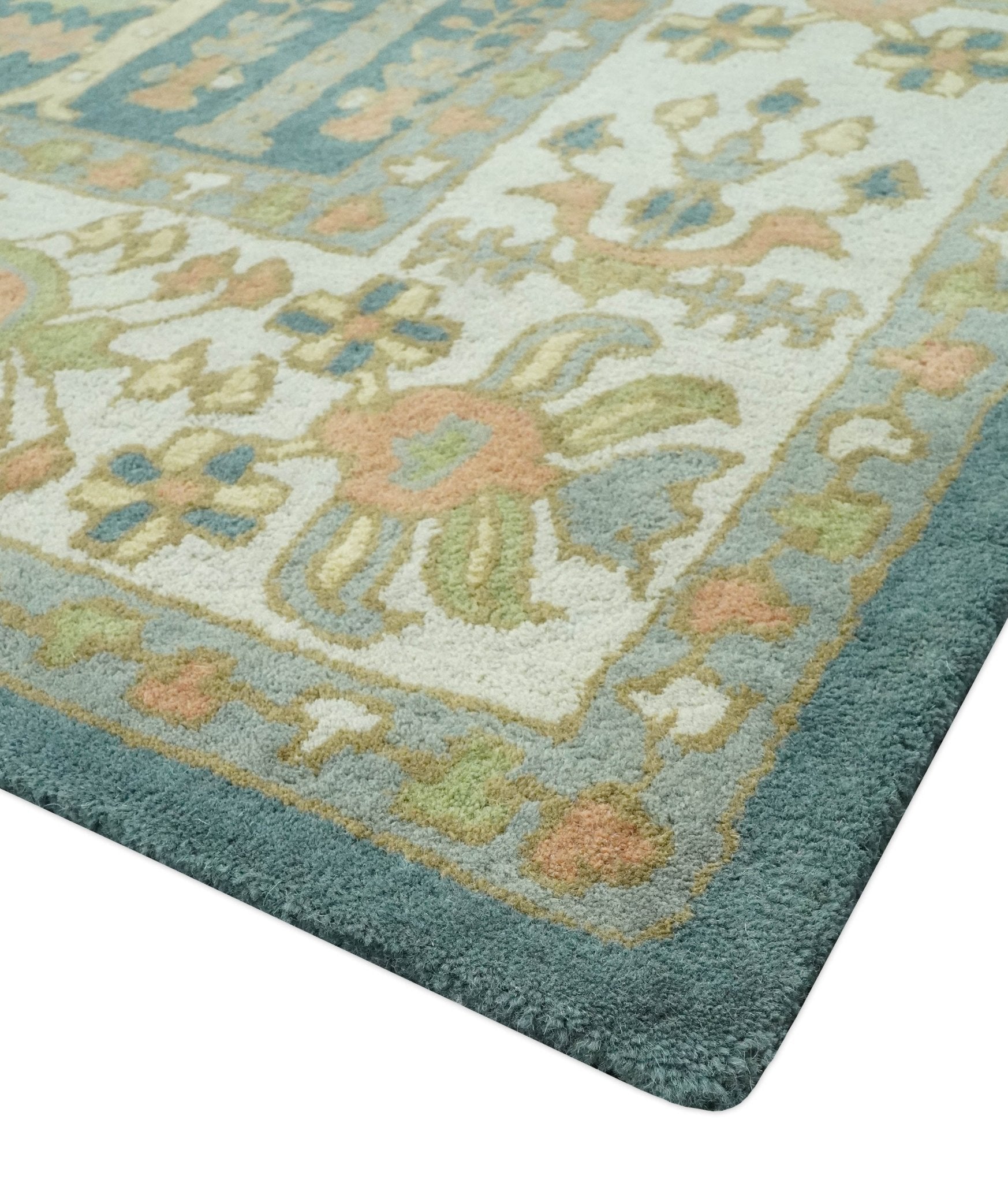 Custom Made Tree of life Traditional Teal, Silver, Green and Dark Peach wool Rug - The Rug Decor