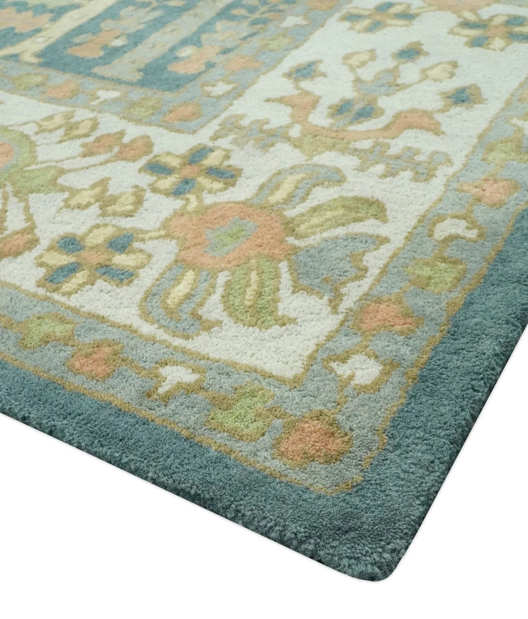 Custom Made Tree of life Traditional Teal, Silver, Green and Dark Peach wool Rug - The Rug Decor