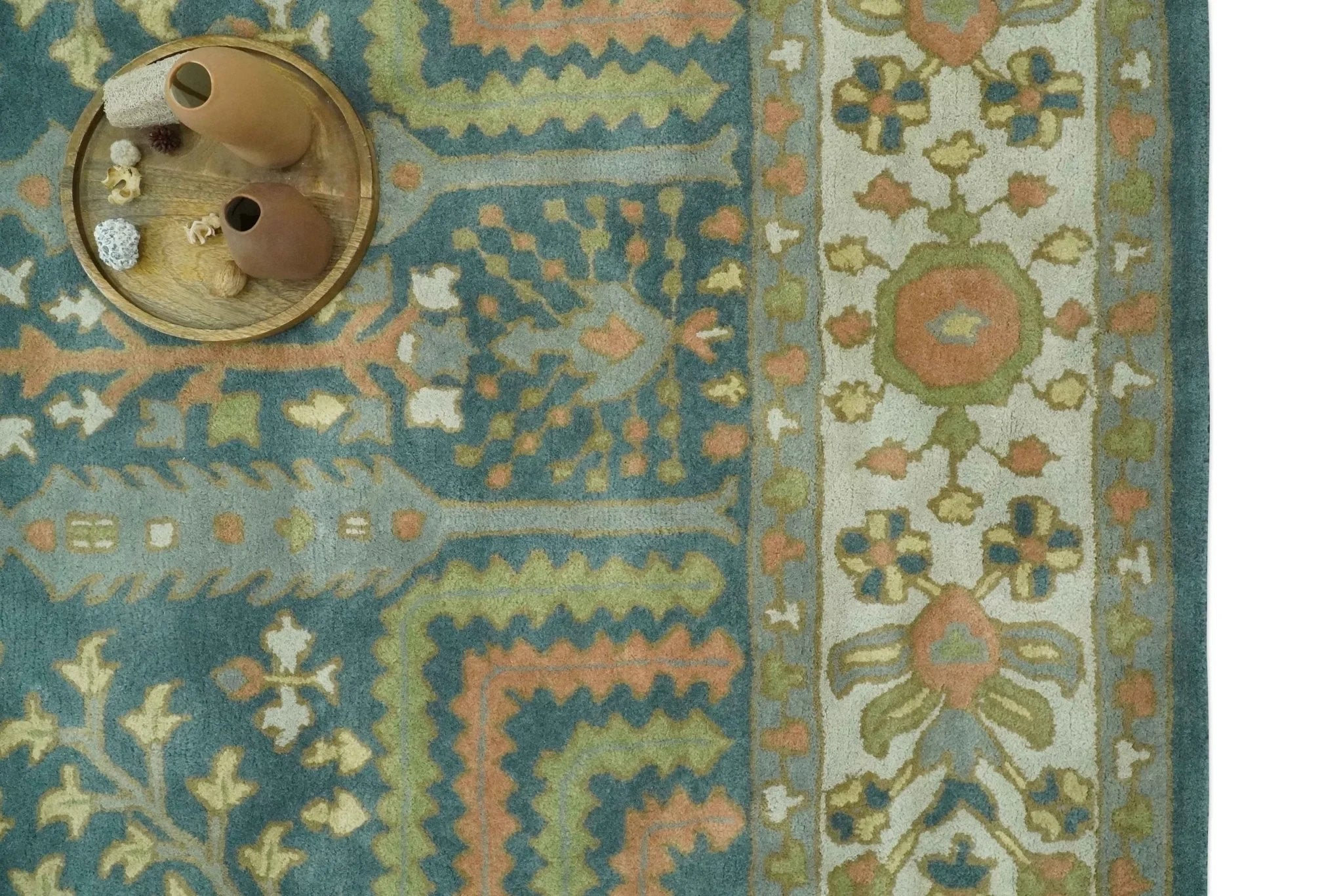 Custom Made Tree of life Traditional Teal, Silver, Green and Dark Peach wool Rug - The Rug Decor