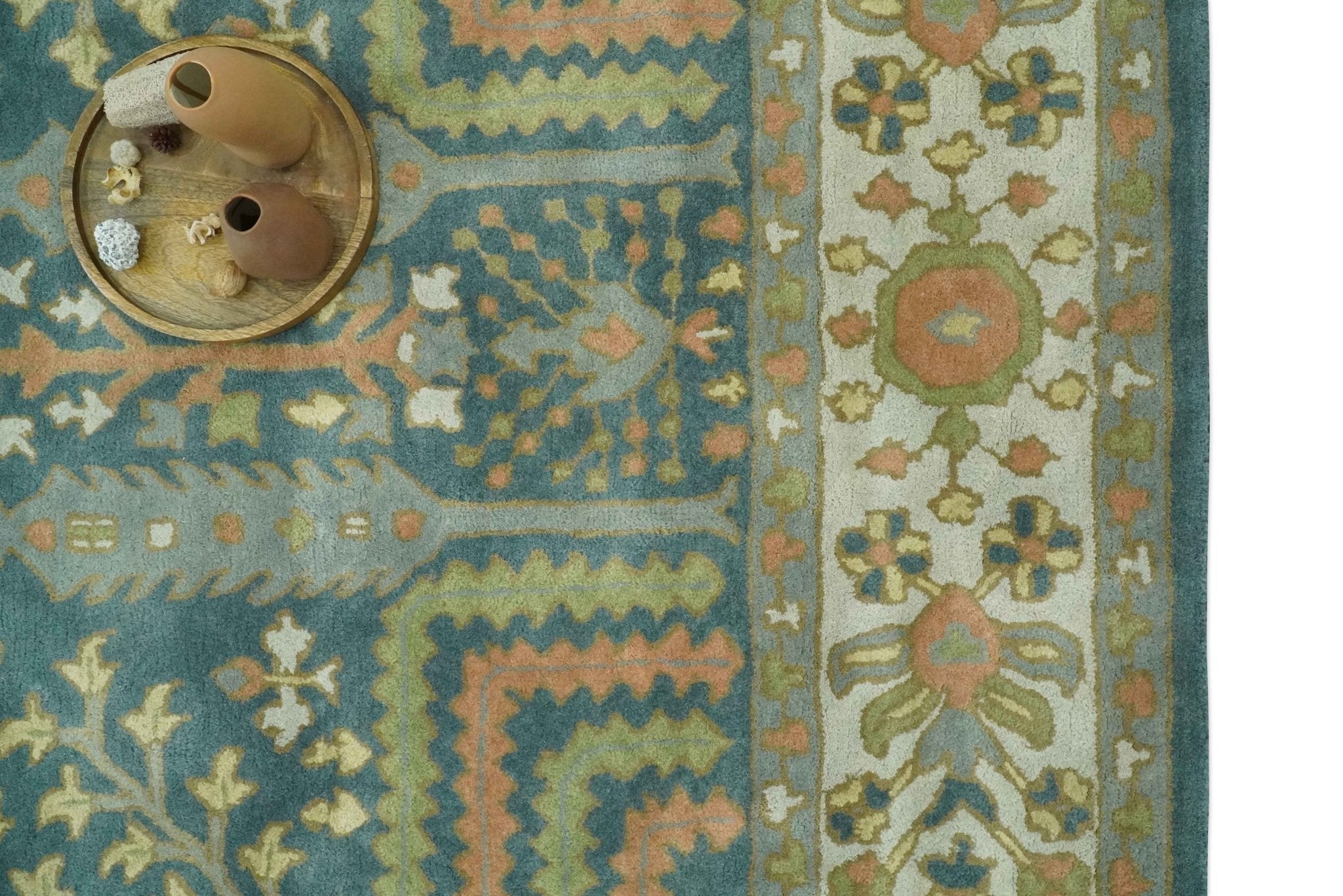 Custom Made Tree of life Traditional Teal, Silver, Green and Dark Peach wool Rug