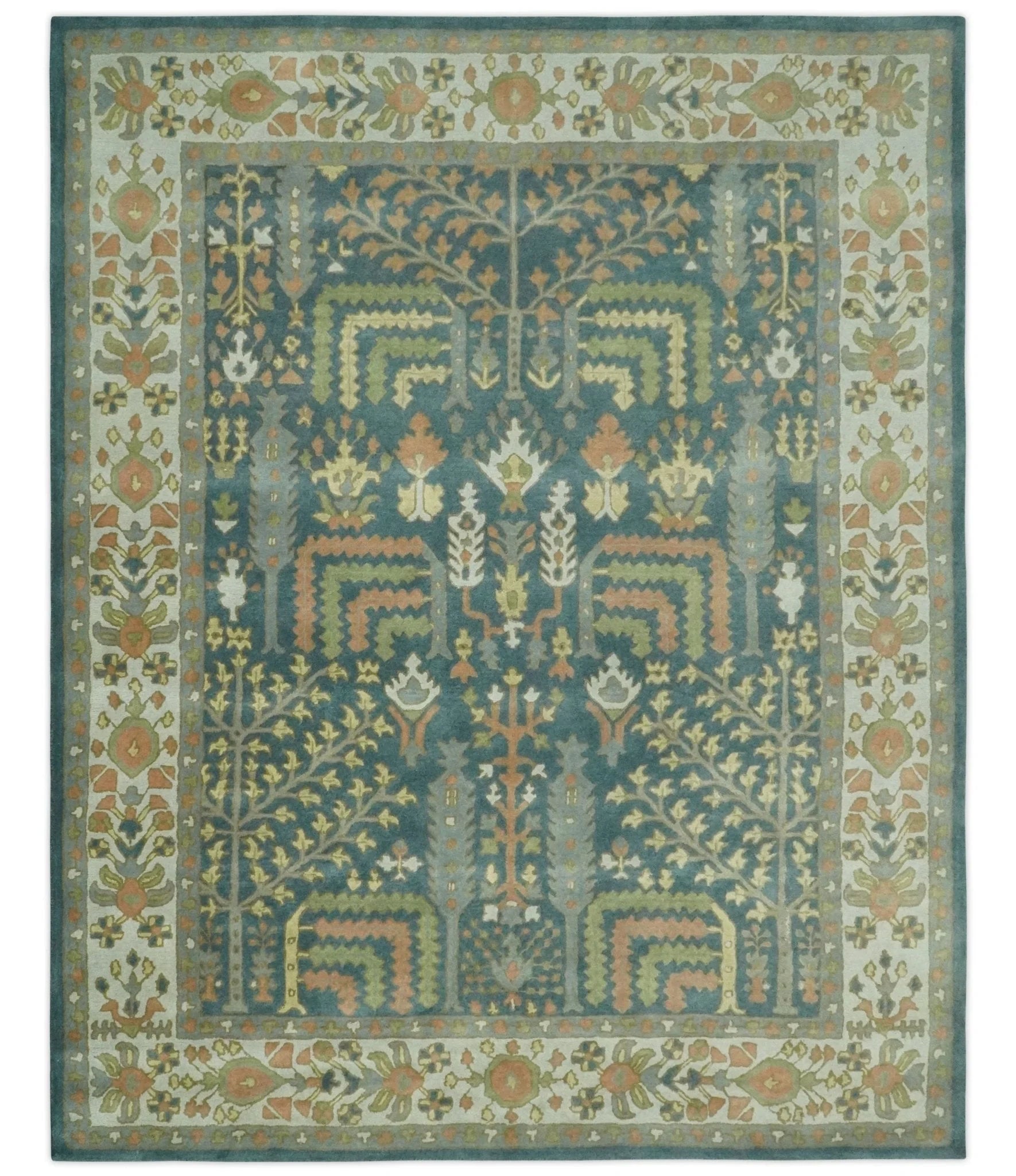 Custom Made Tree of life Traditional Teal, Silver, Green and Dark Peach wool Rug - The Rug Decor