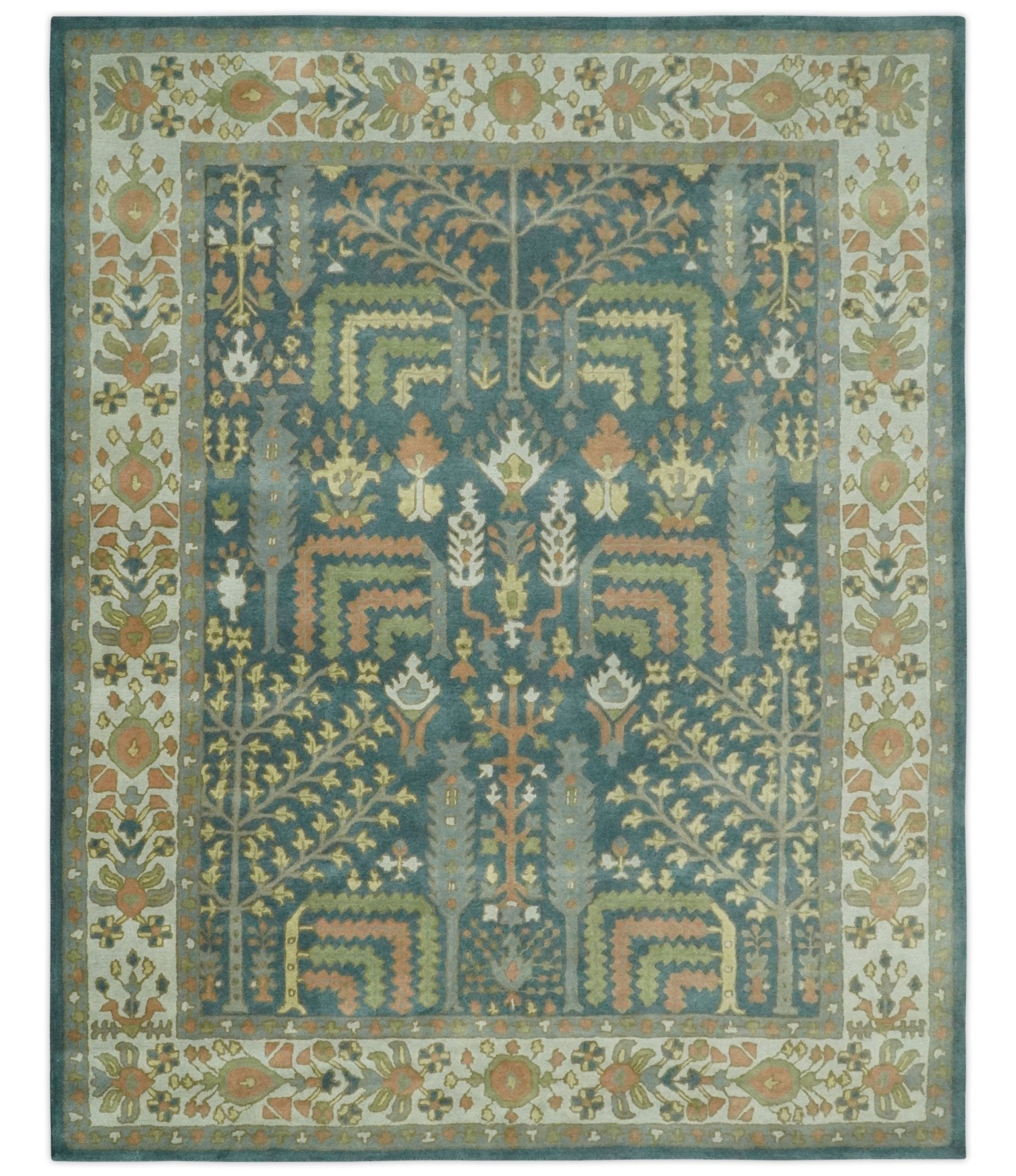 Custom Made Tree of life Traditional Teal, Silver, Green and Dark Peach wool Rug