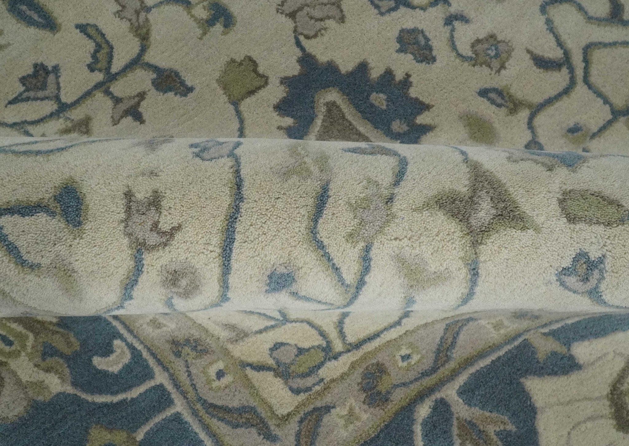 Custom Made Tufted Beige and Blue Traditional Wool Oushak Rug - The Rug Decor