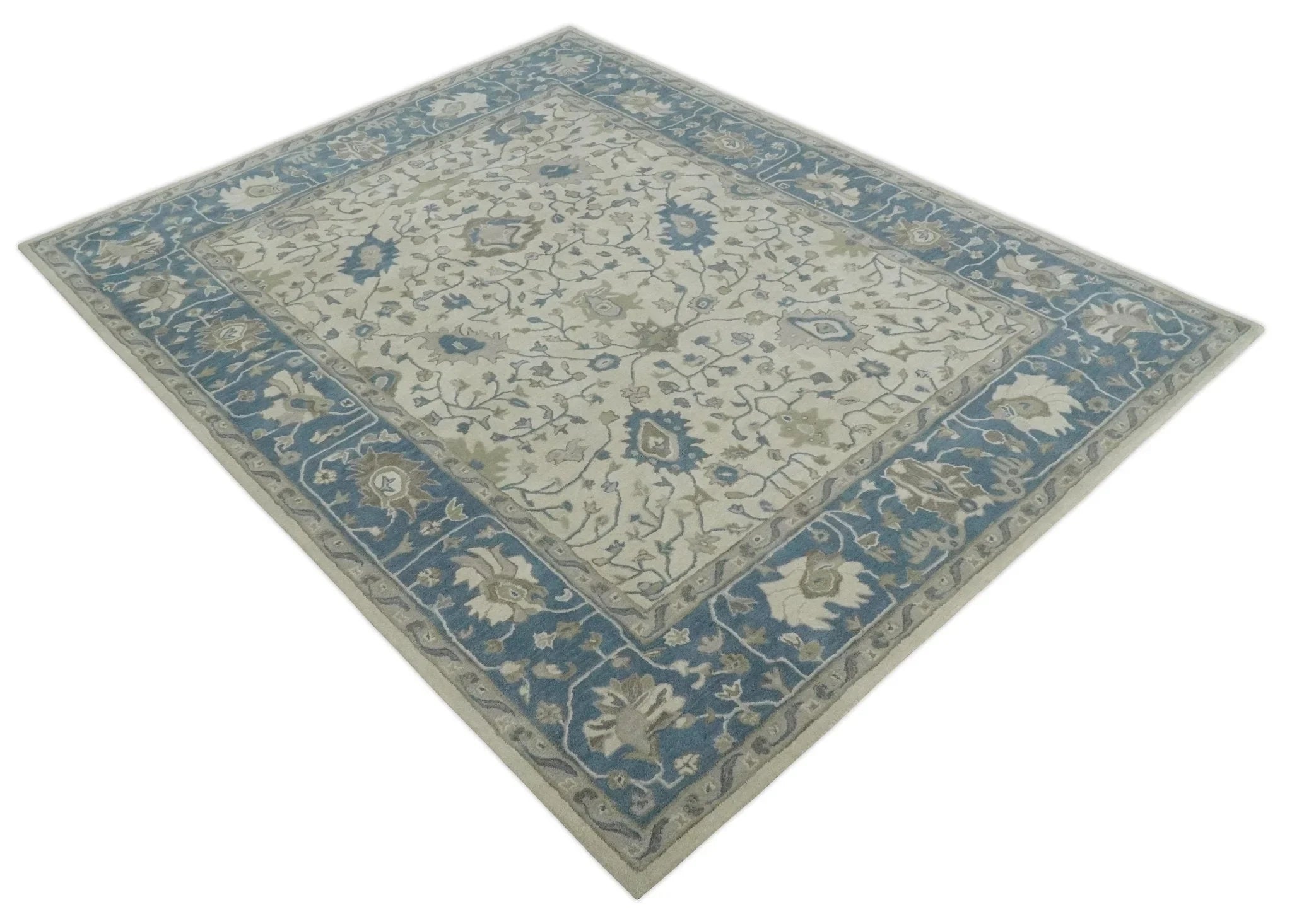 Custom Made Tufted Beige and Blue Traditional Wool Oushak Rug - The Rug Decor