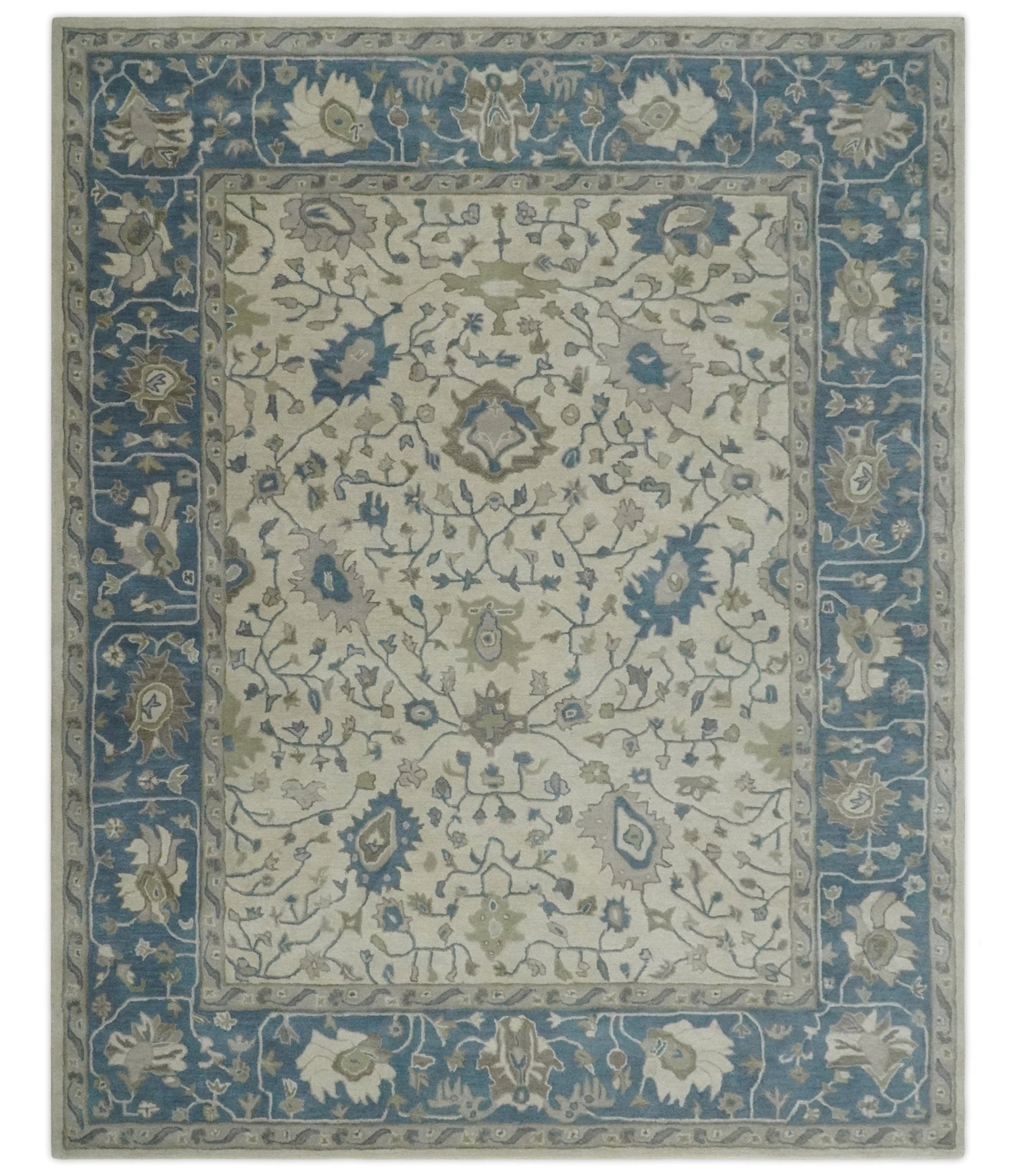 Custom Made Tufted Beige and Blue Traditional Wool Oushak Rug - The Rug Decor