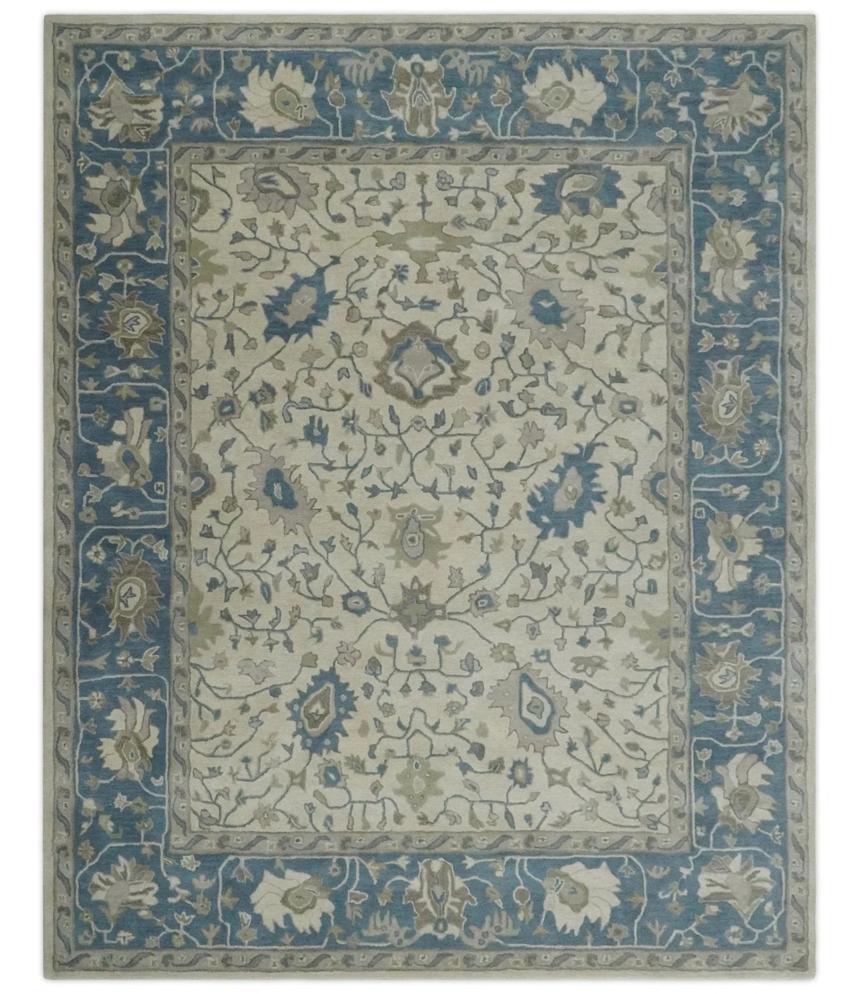 Custom Made Tufted Beige and Blue Traditional Wool Oushak Rug - The Rug Decor