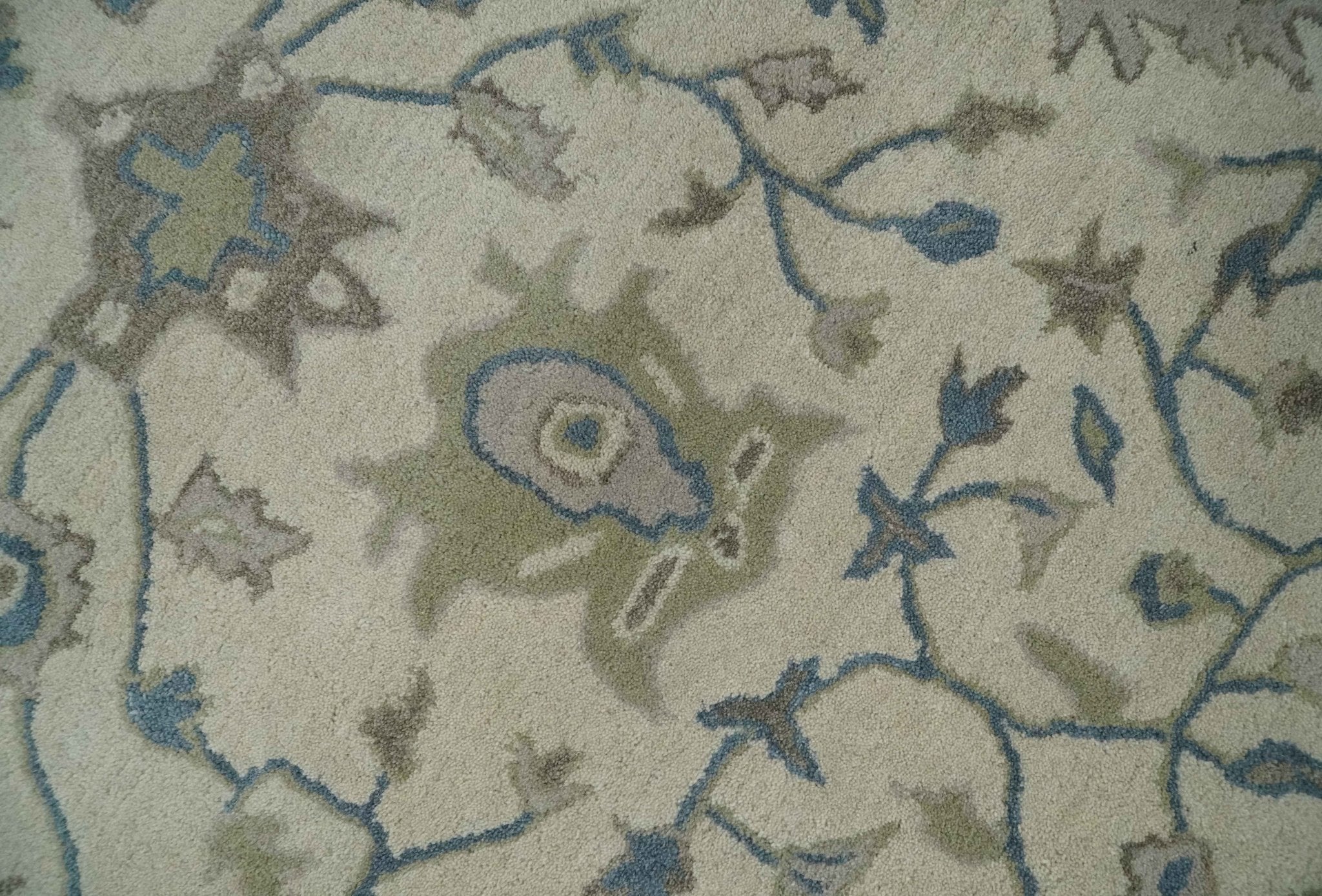 Custom Made Tufted Beige and Blue Traditional Wool Oushak Rug - The Rug Decor