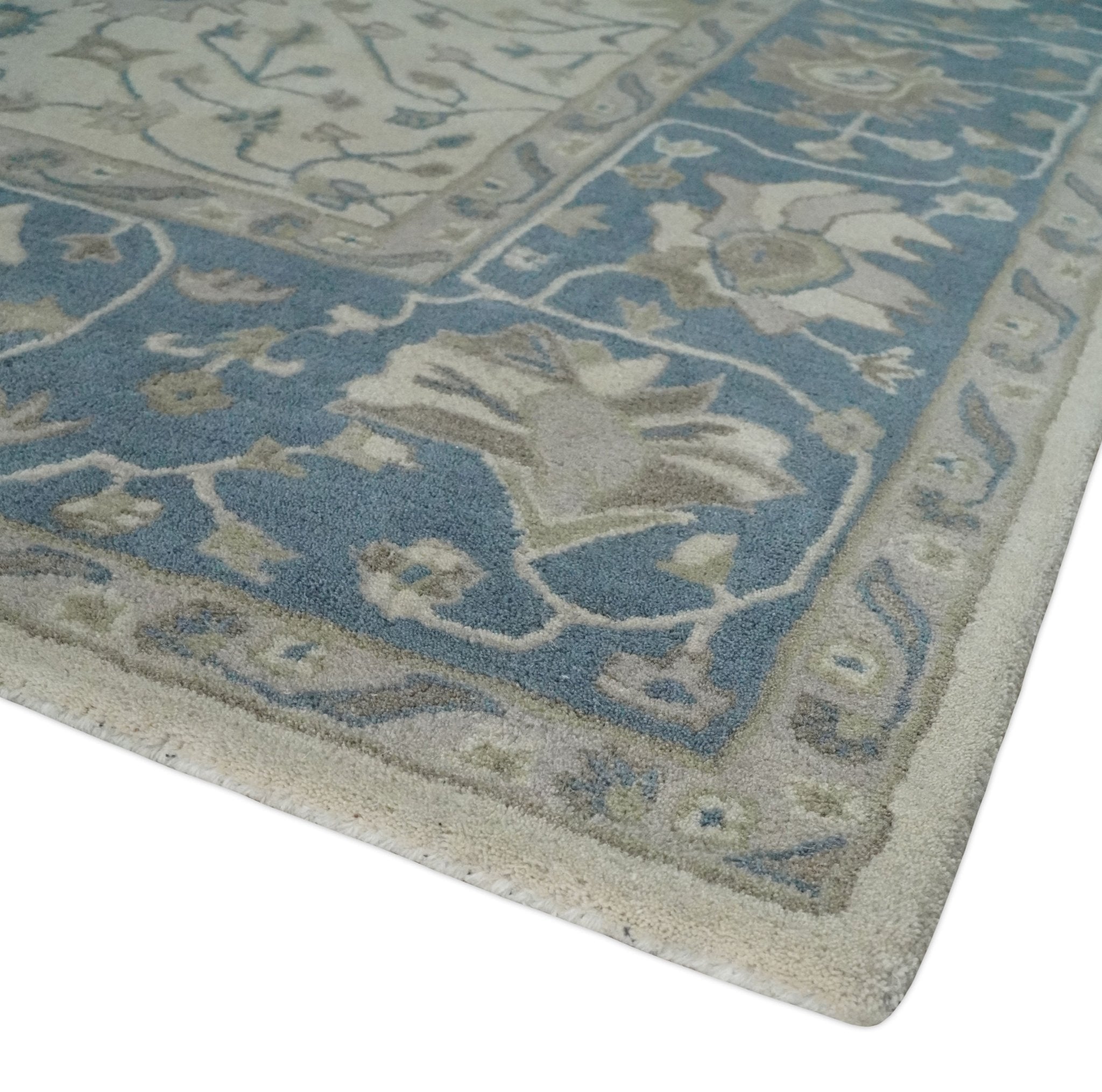 Custom Made Tufted Beige and Blue Traditional Wool Oushak Rug - The Rug Decor