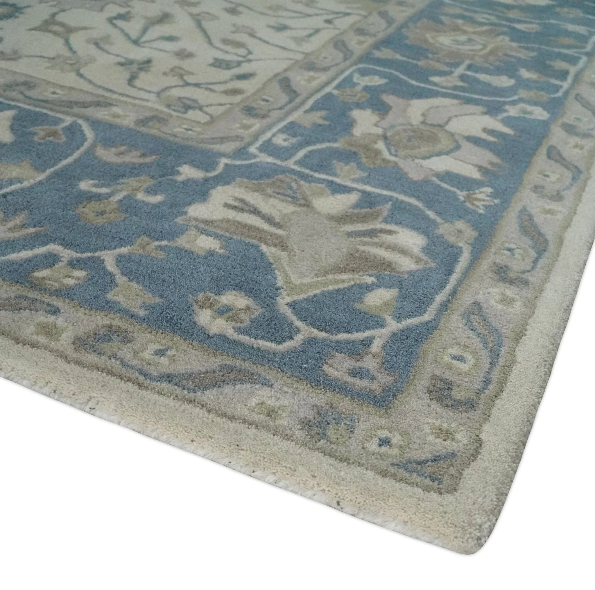 Custom Made Tufted Beige and Blue Traditional Wool Oushak Rug - The Rug Decor
