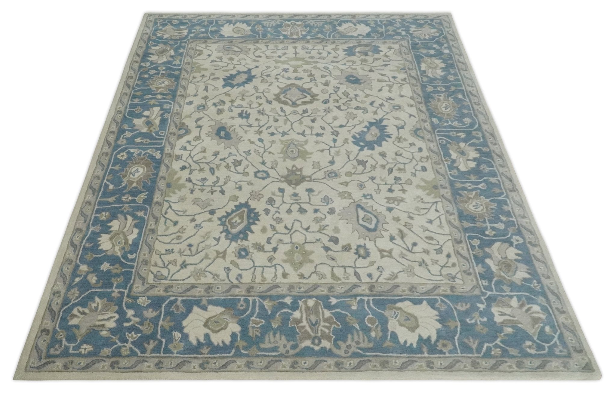 Custom Made Tufted Beige and Blue Traditional Wool Oushak Rug - The Rug Decor