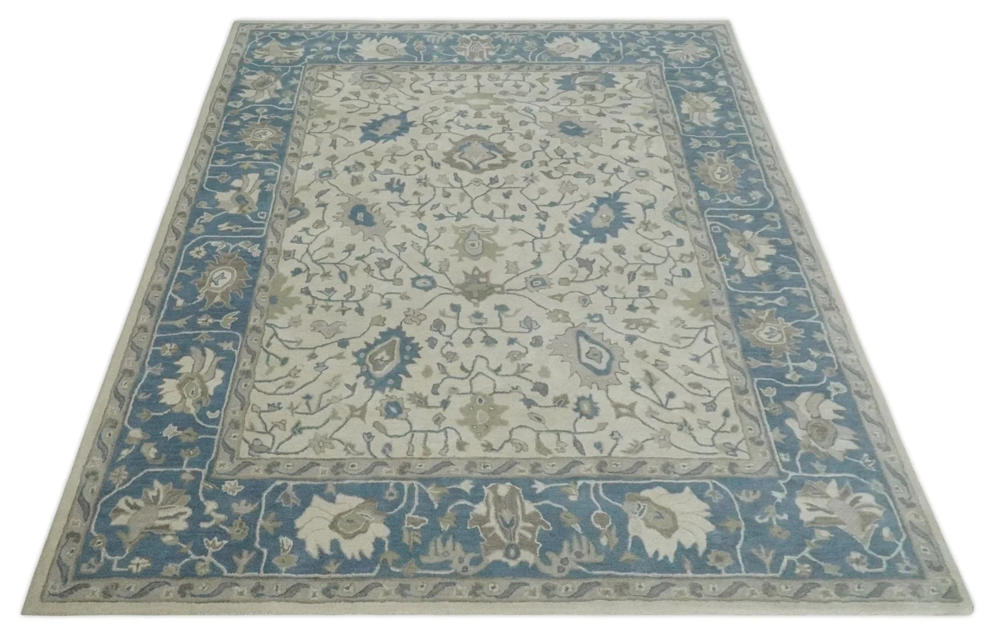 Custom Made Tufted Beige and Blue Traditional Wool Oushak Rug - The Rug Decor