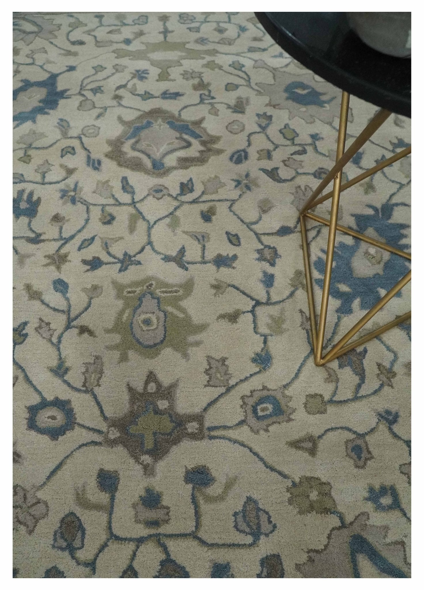 Custom Made Tufted Beige and Blue Traditional Wool Oushak Rug - The Rug Decor