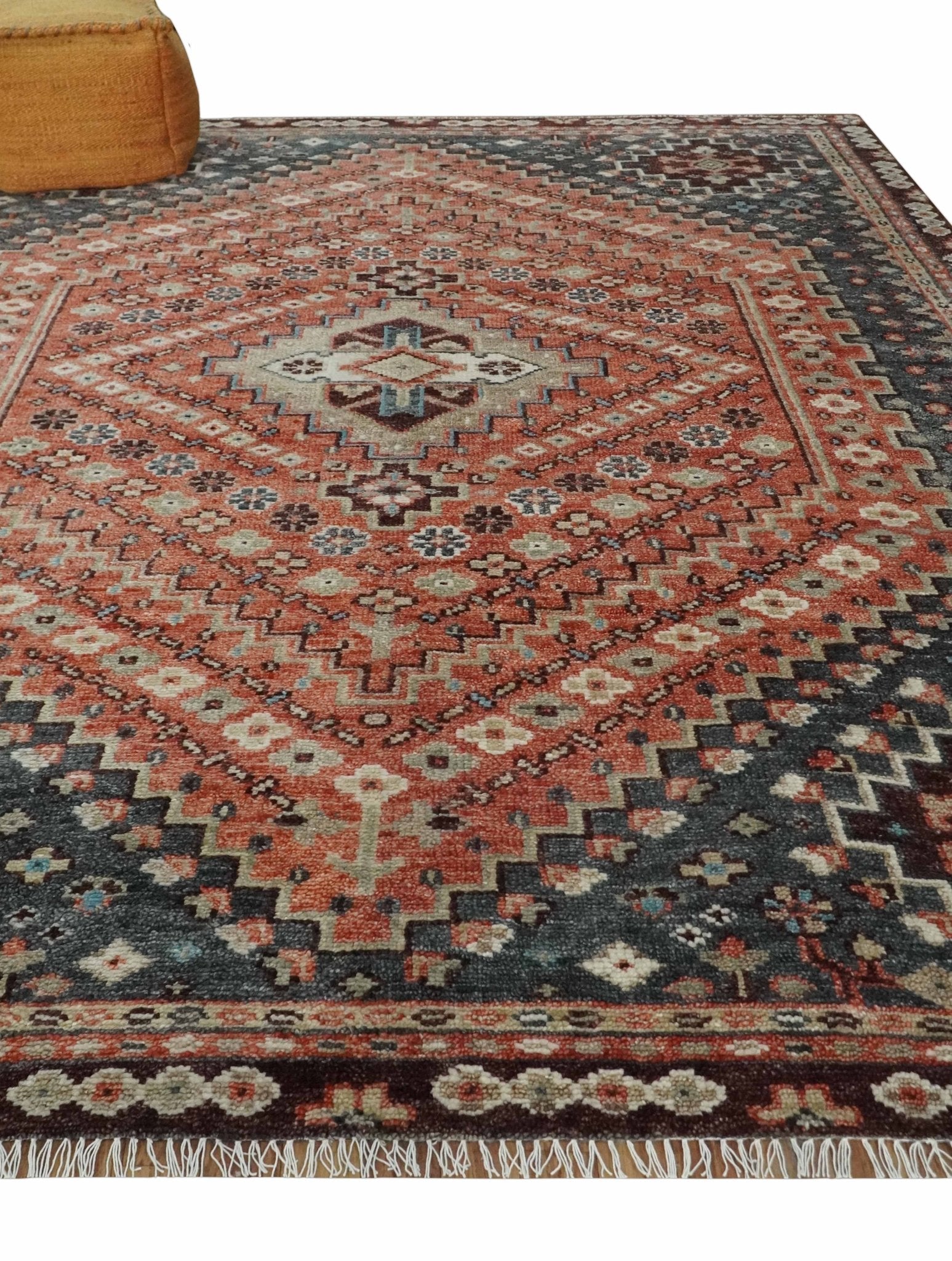 Custom Made Turkish Style Rust and Charcoal Traditional Medallion Hand knotted wool Area Rug - The Rug Decor