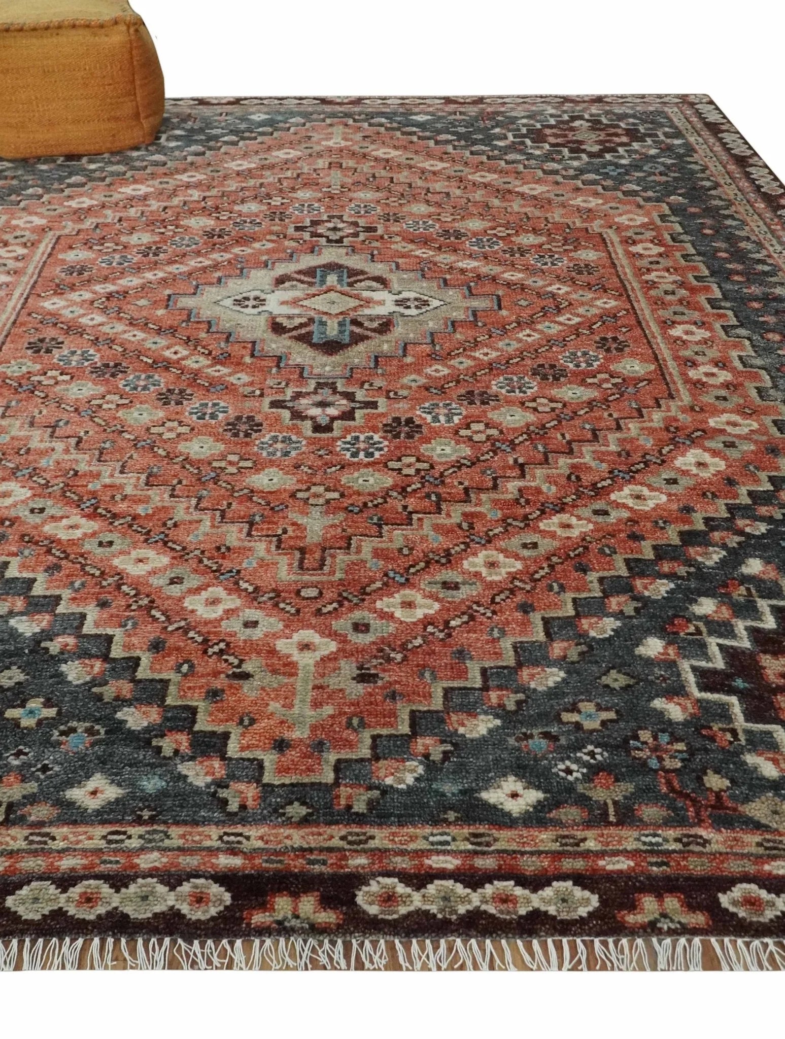 Custom Made Turkish Style Rust and Charcoal Traditional Medallion Hand knotted wool Area Rug - The Rug Decor