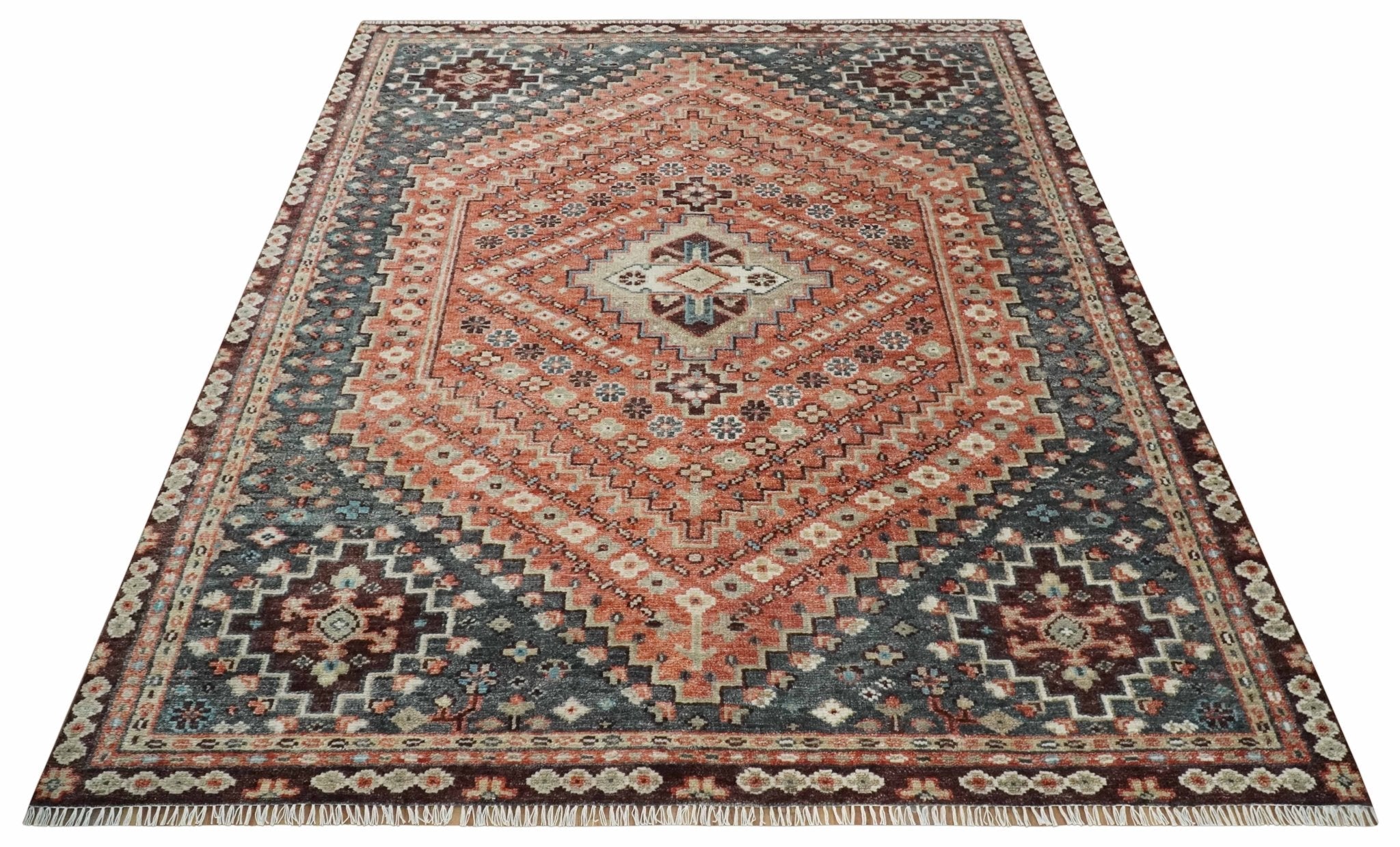 Custom Made Turkish Style Rust and Charcoal Traditional Medallion Hand knotted wool Area Rug - The Rug Decor