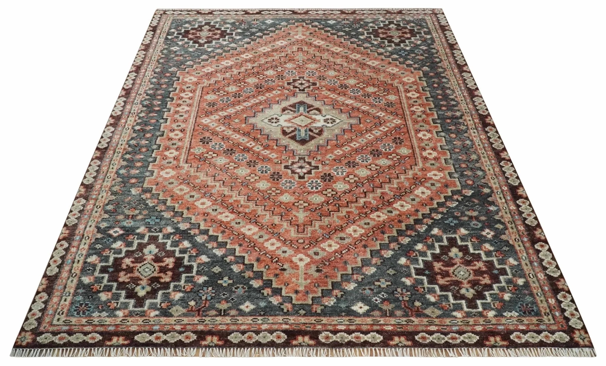 Custom Made Turkish Style Rust and Charcoal Traditional Medallion Hand knotted wool Area Rug - The Rug Decor